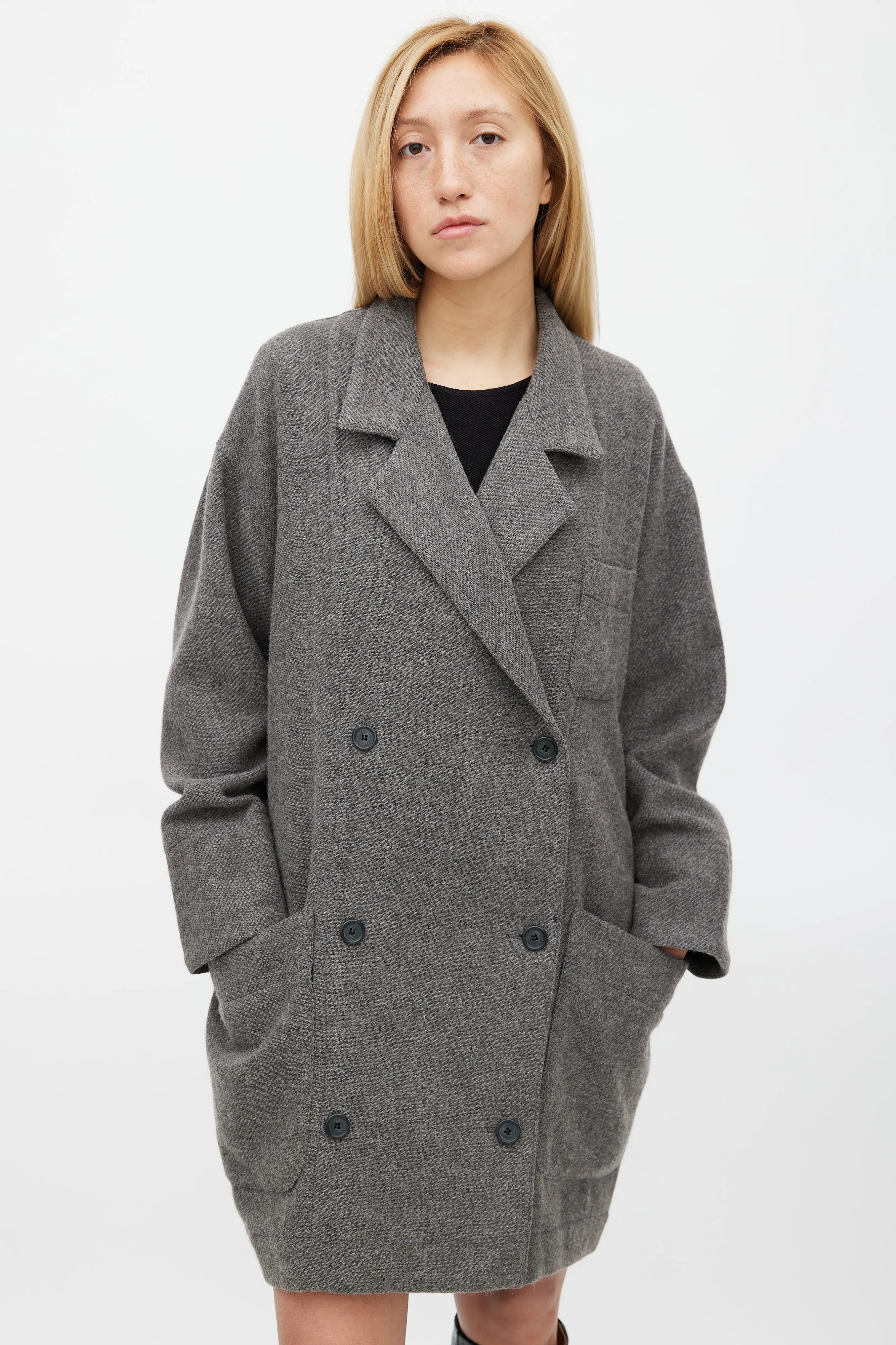 Grey Wool & Mohair Double Breasted Slouchy Coat