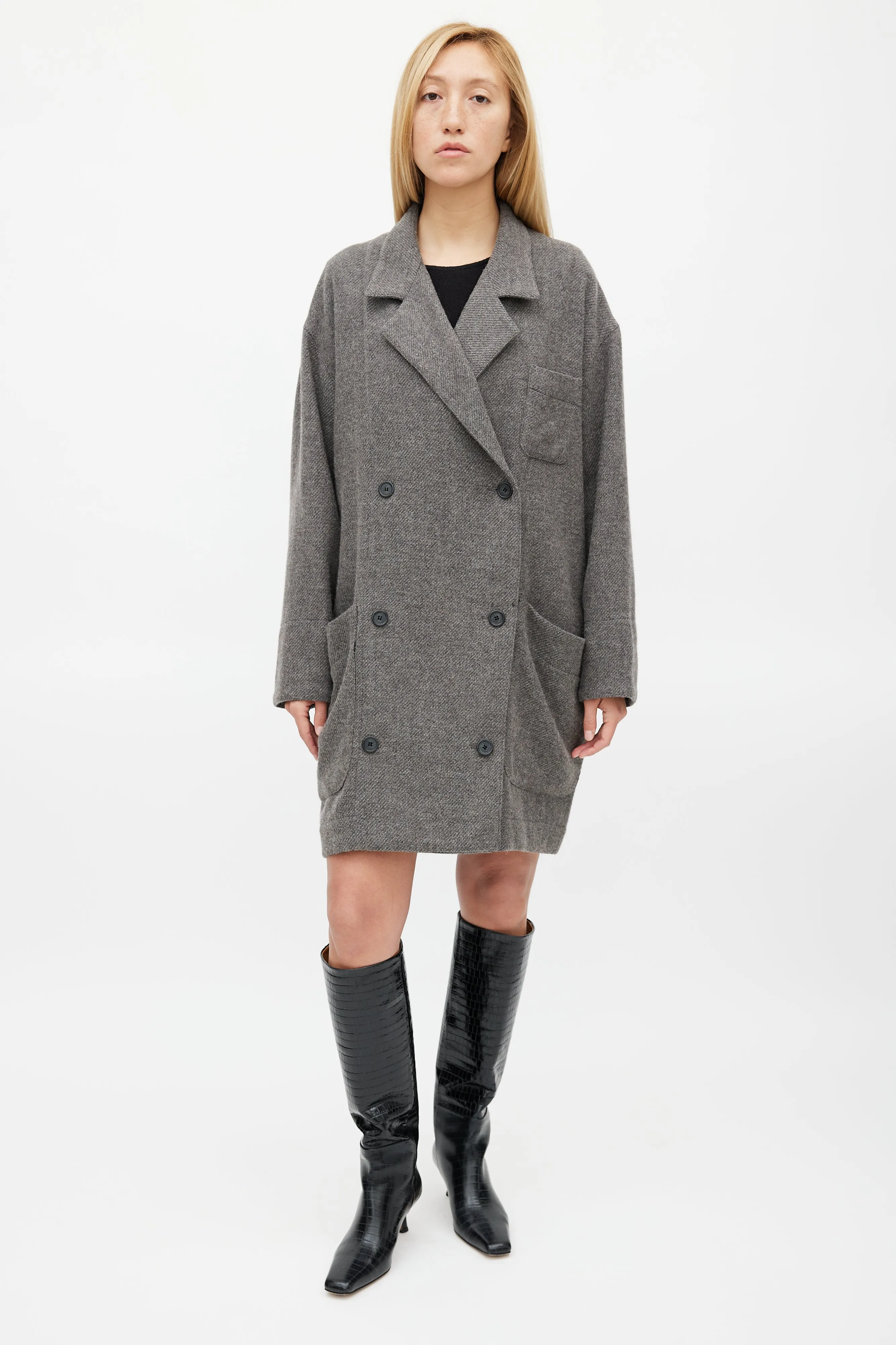 Grey Wool & Mohair Double Breasted Slouchy Coat