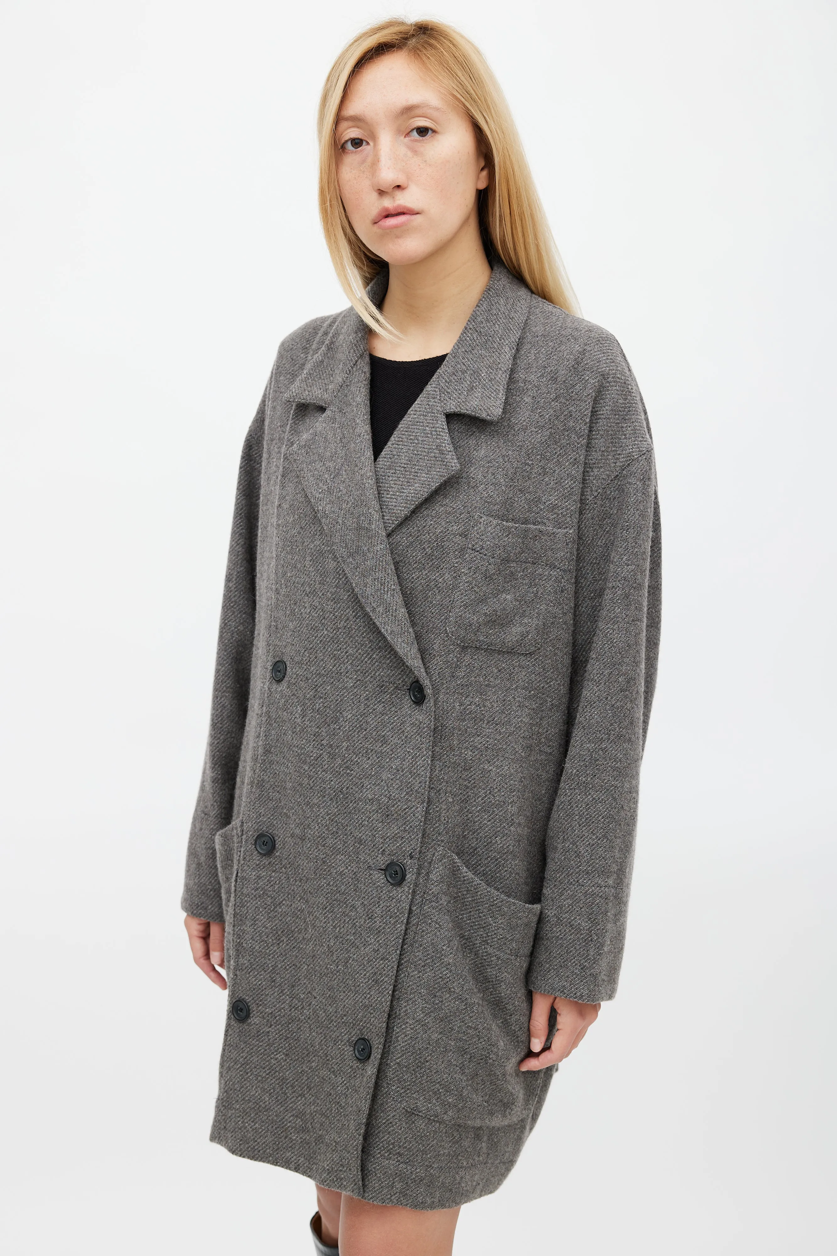 Grey Wool & Mohair Double Breasted Slouchy Coat