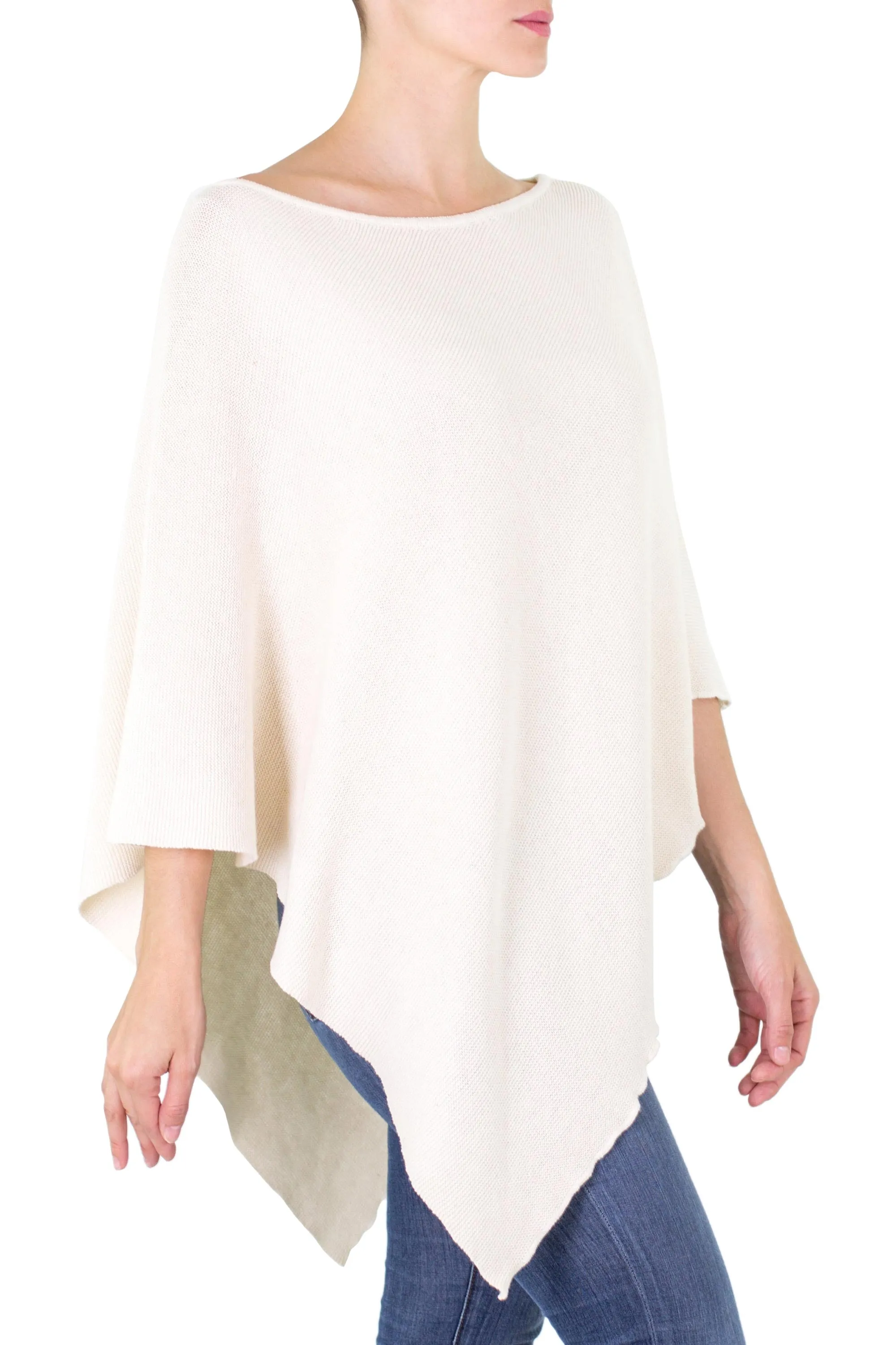 Hand Made Cotton Knit Poncho - Ivory Grace | NOVICA