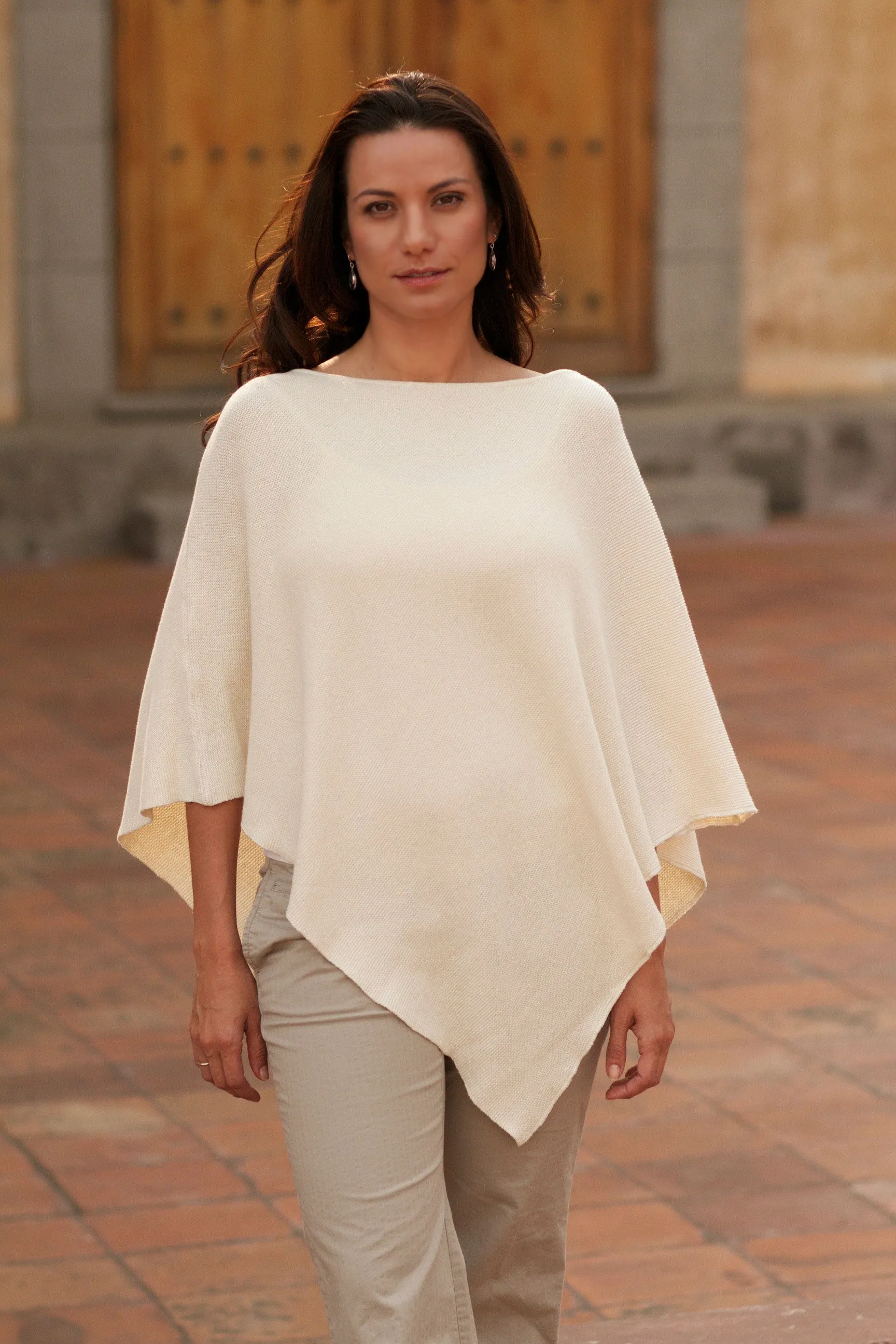 Hand Made Cotton Knit Poncho - Ivory Grace | NOVICA