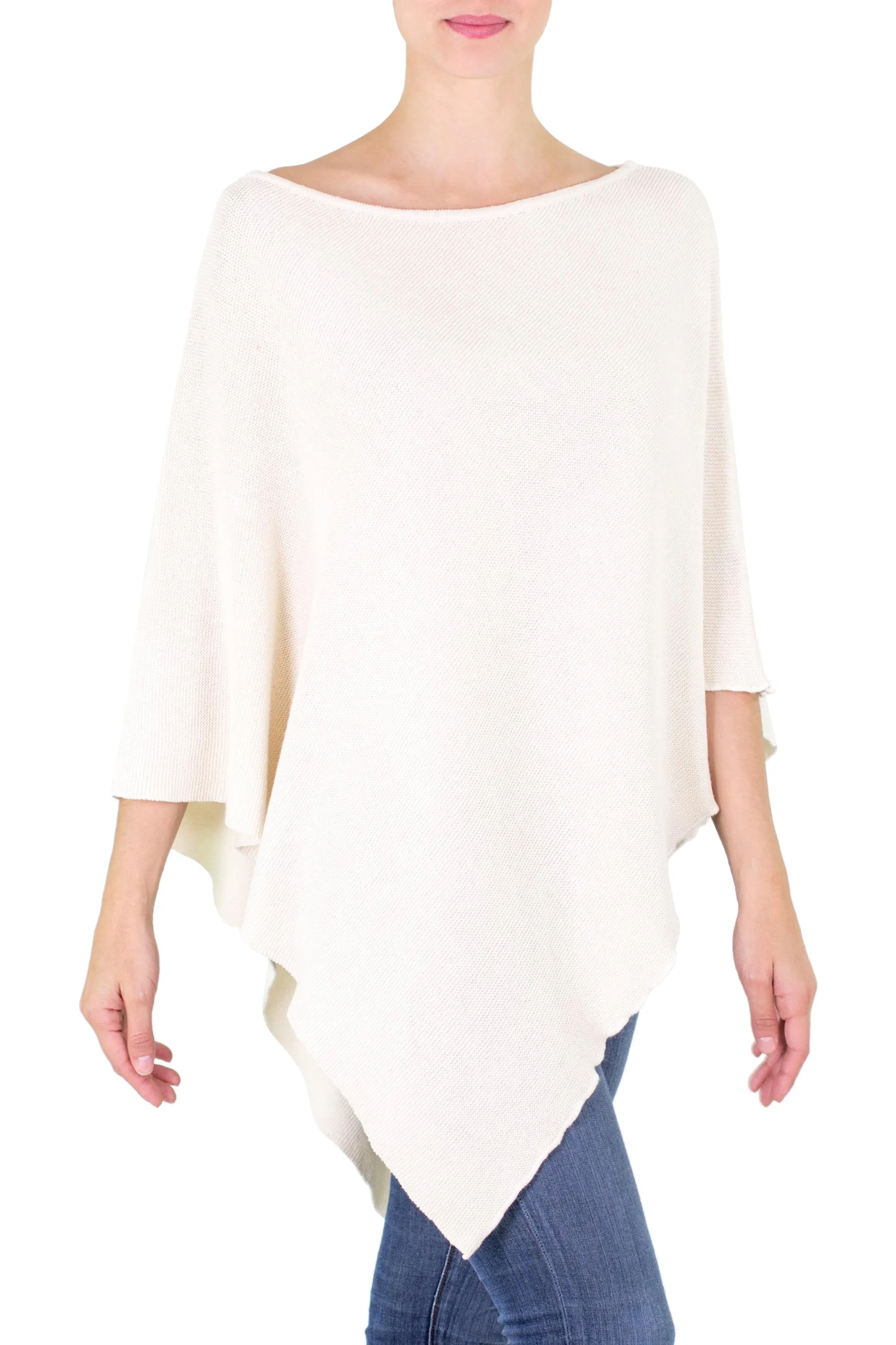 Hand Made Cotton Knit Poncho - Ivory Grace | NOVICA