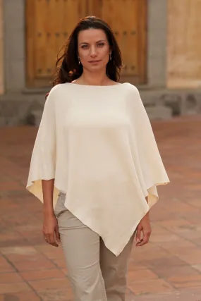 Hand Made Cotton Knit Poncho - Ivory Grace | NOVICA