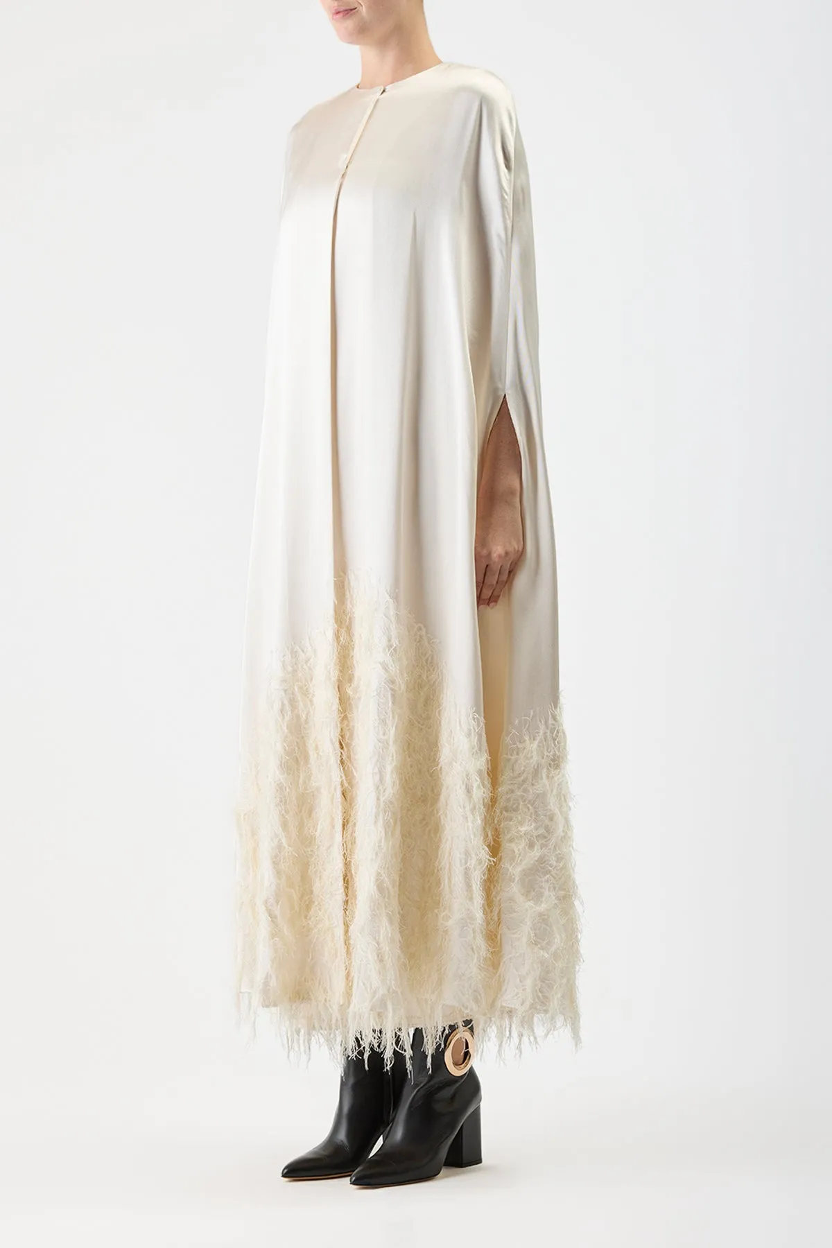 Hillman Feather Cape in Ivory Silk Satin