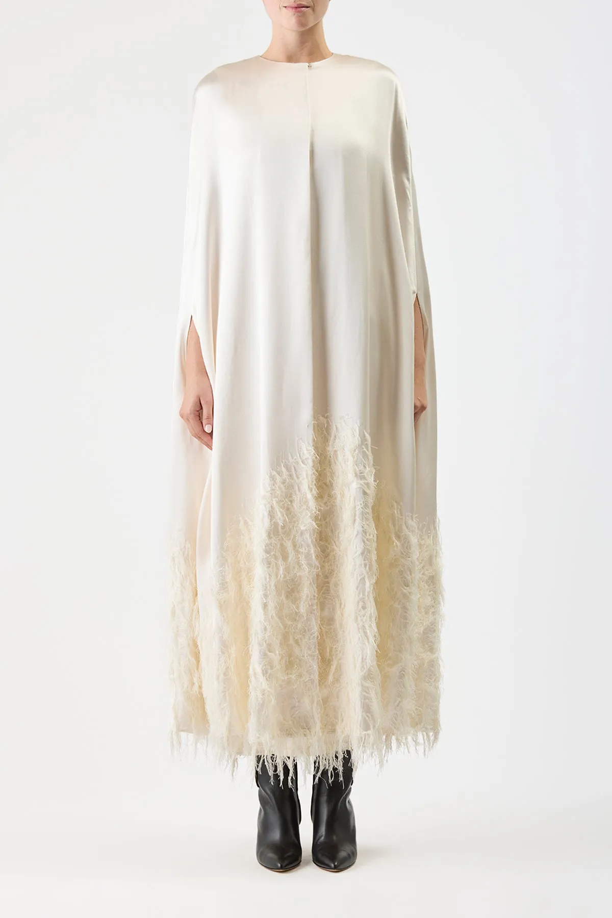 Hillman Feather Cape in Ivory Silk Satin