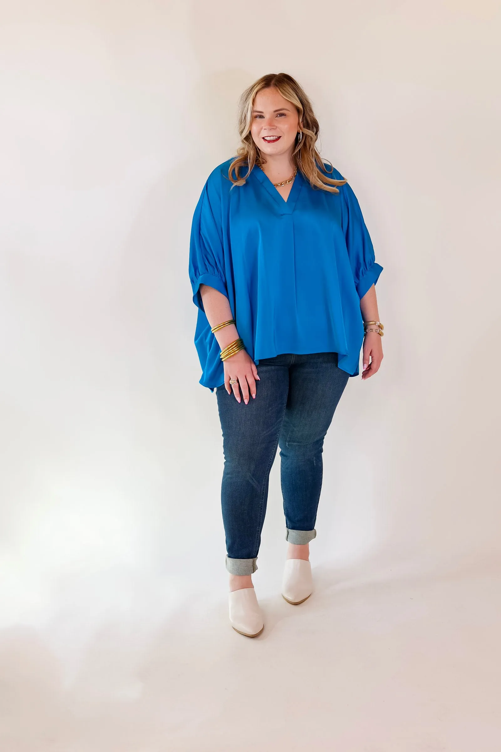 Irresistibly Chic Half Sleeve Oversized Blouse in Blue