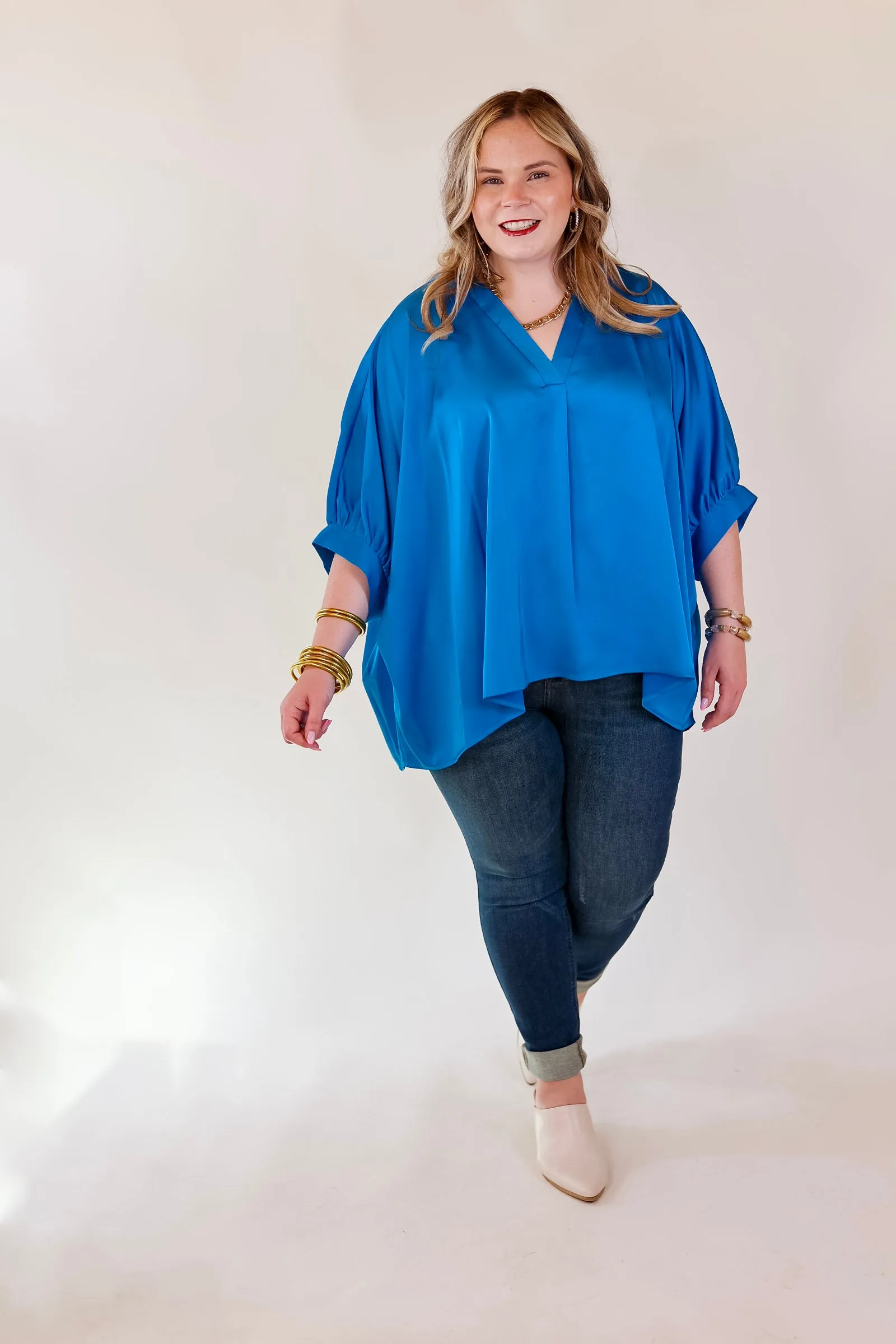 Irresistibly Chic Half Sleeve Oversized Blouse in Blue