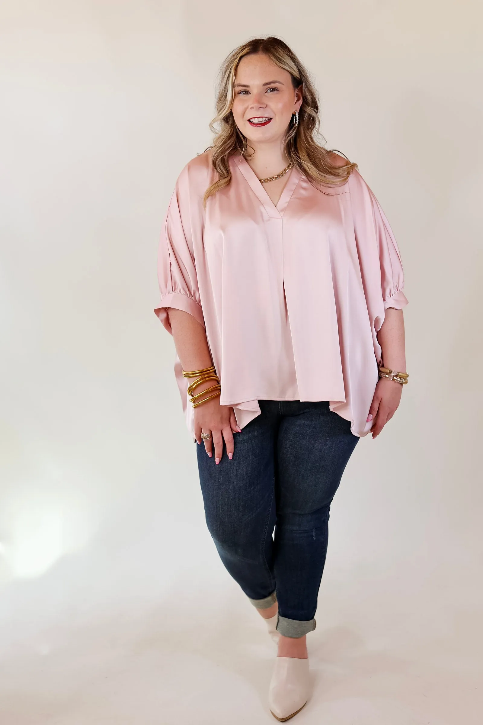 Irresistibly Chic Half Sleeve Oversized Blouse in Light Pink