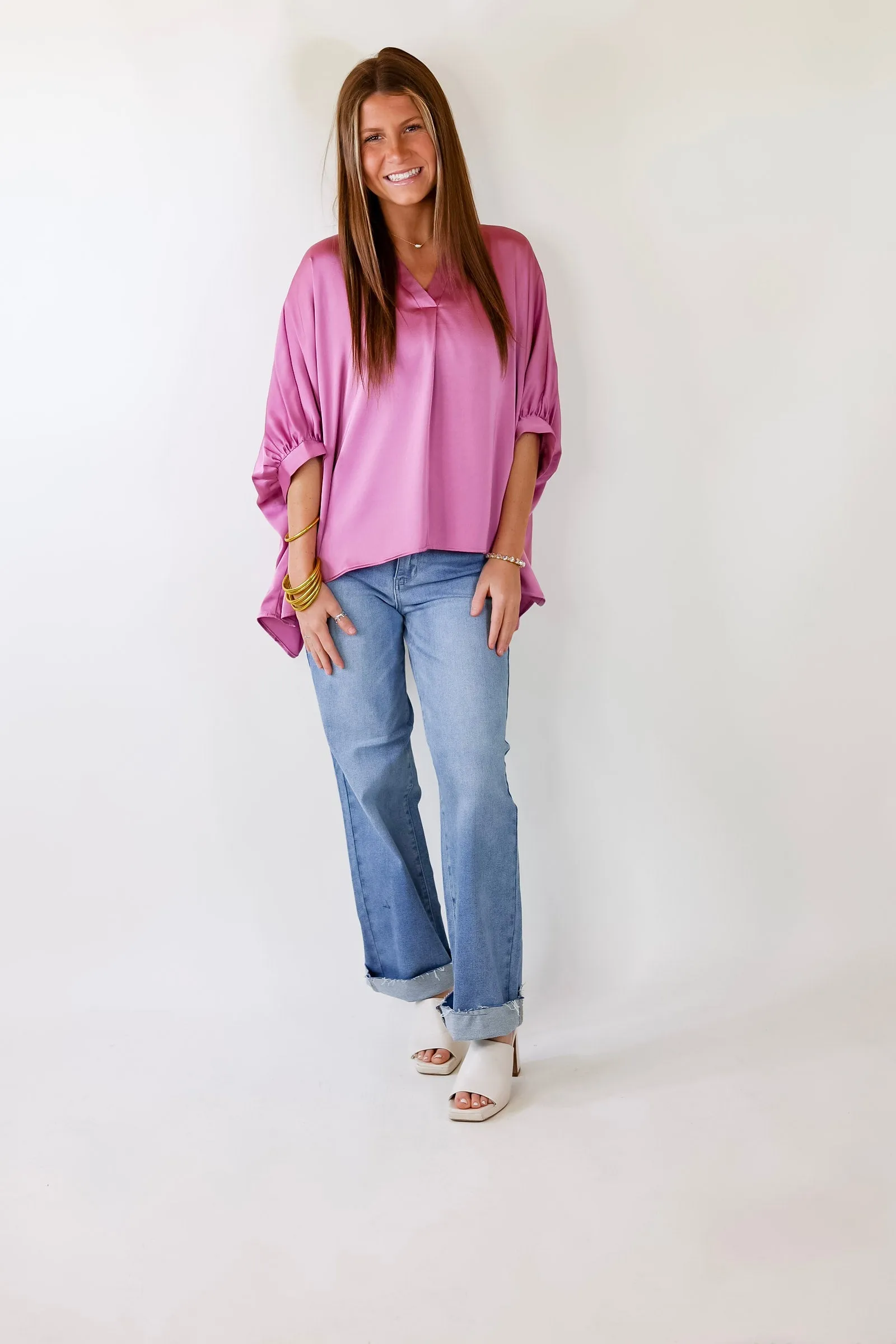 Irresistibly Chic Half Sleeve Oversized Blouse in Mauve Purple