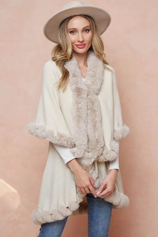 Ivory Faux Fur Shawl Women Fine Knit Open