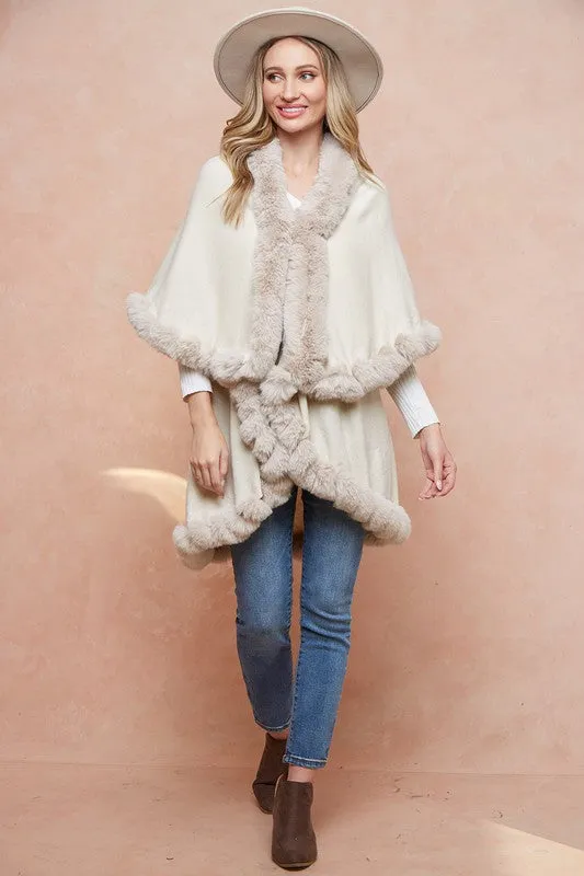 Ivory Faux Fur Shawl Women Fine Knit Open