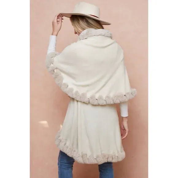 Ivory Solid Faux Fur Trimmed Knit Sweater Cape Poncho Shawl Cardigan Sweater