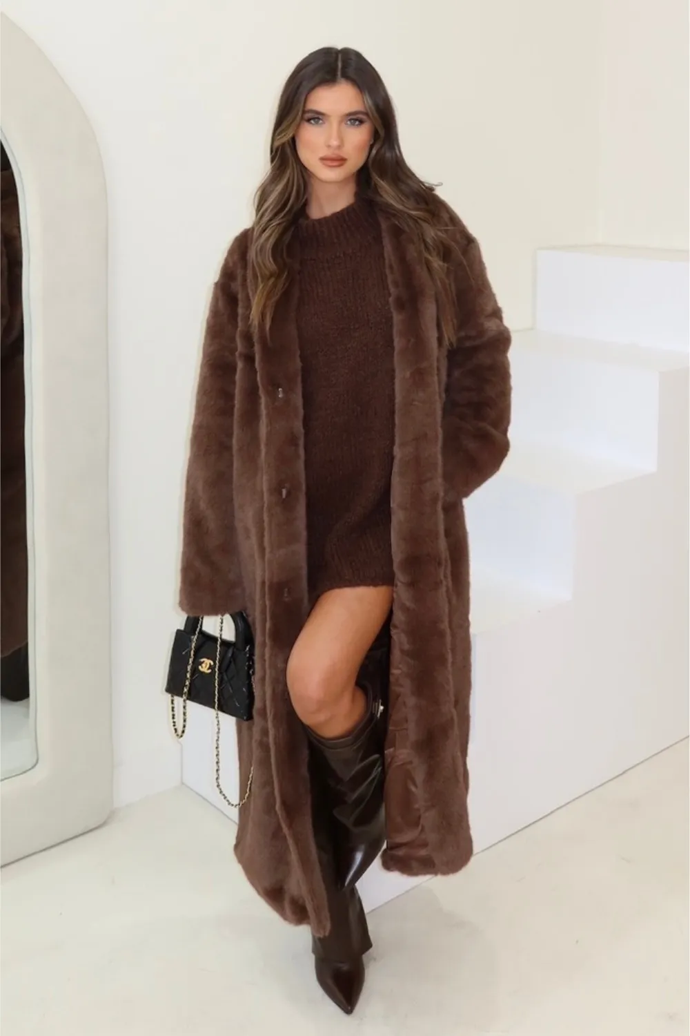 Kate chocolate longline faux fur coat