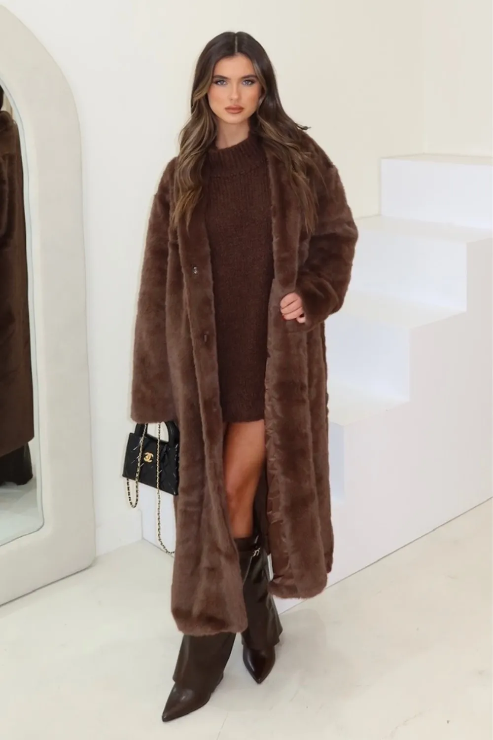 Kate chocolate longline faux fur coat