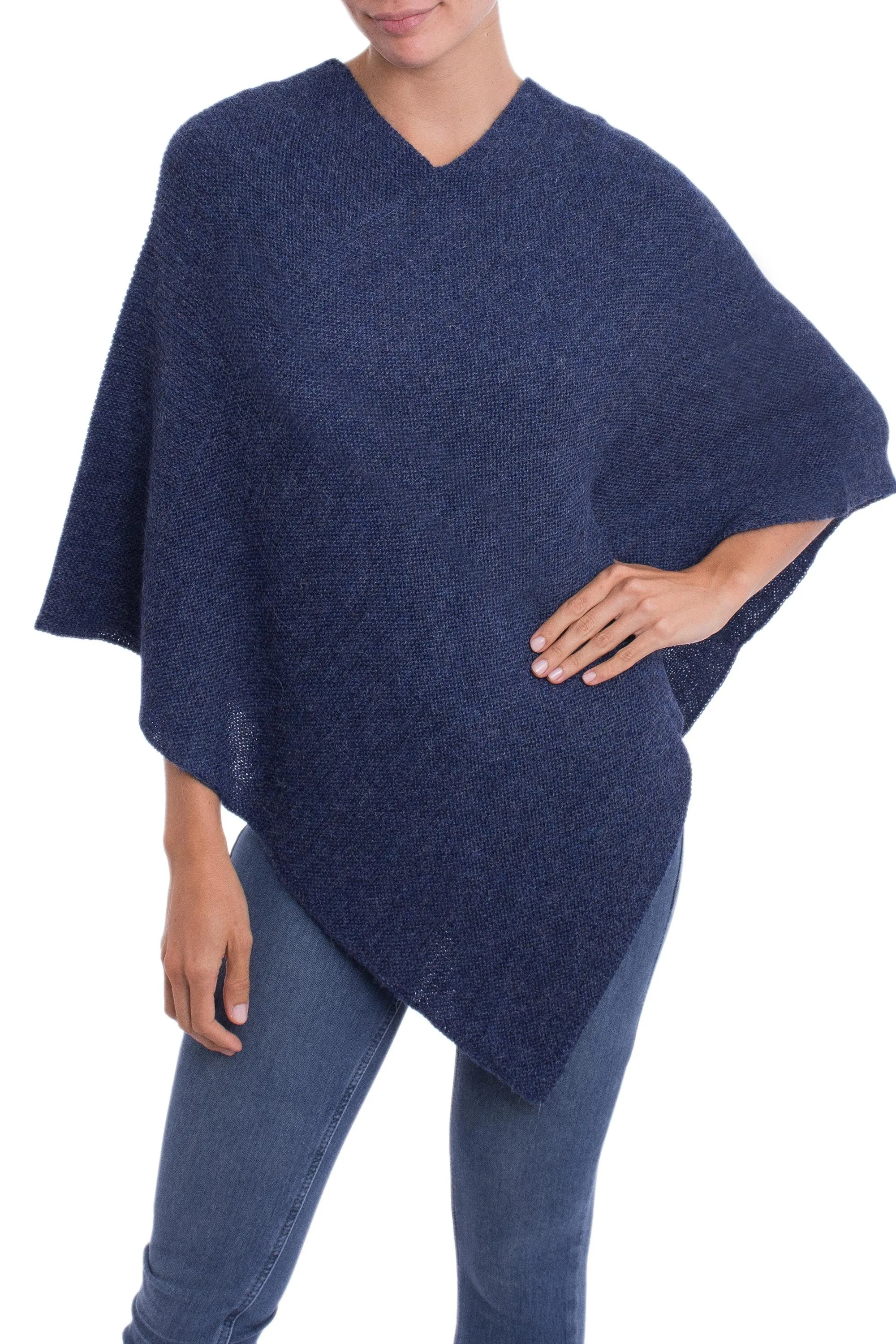 Knit Indigo 100% Alpaca Poncho from Peru - Enchanted Evening in Indigo | NOVICA