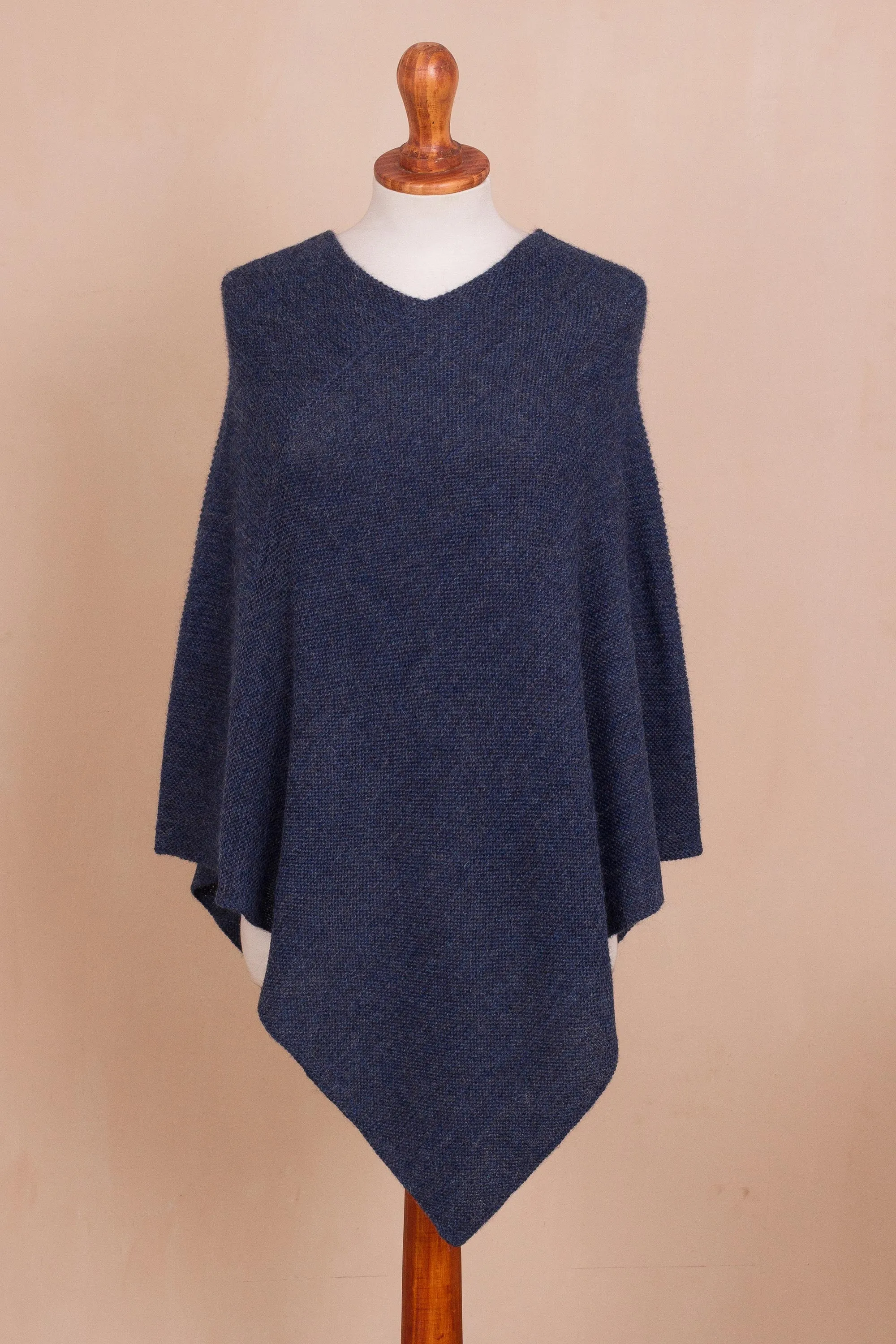 Knit Indigo 100% Alpaca Poncho from Peru - Enchanted Evening in Indigo | NOVICA