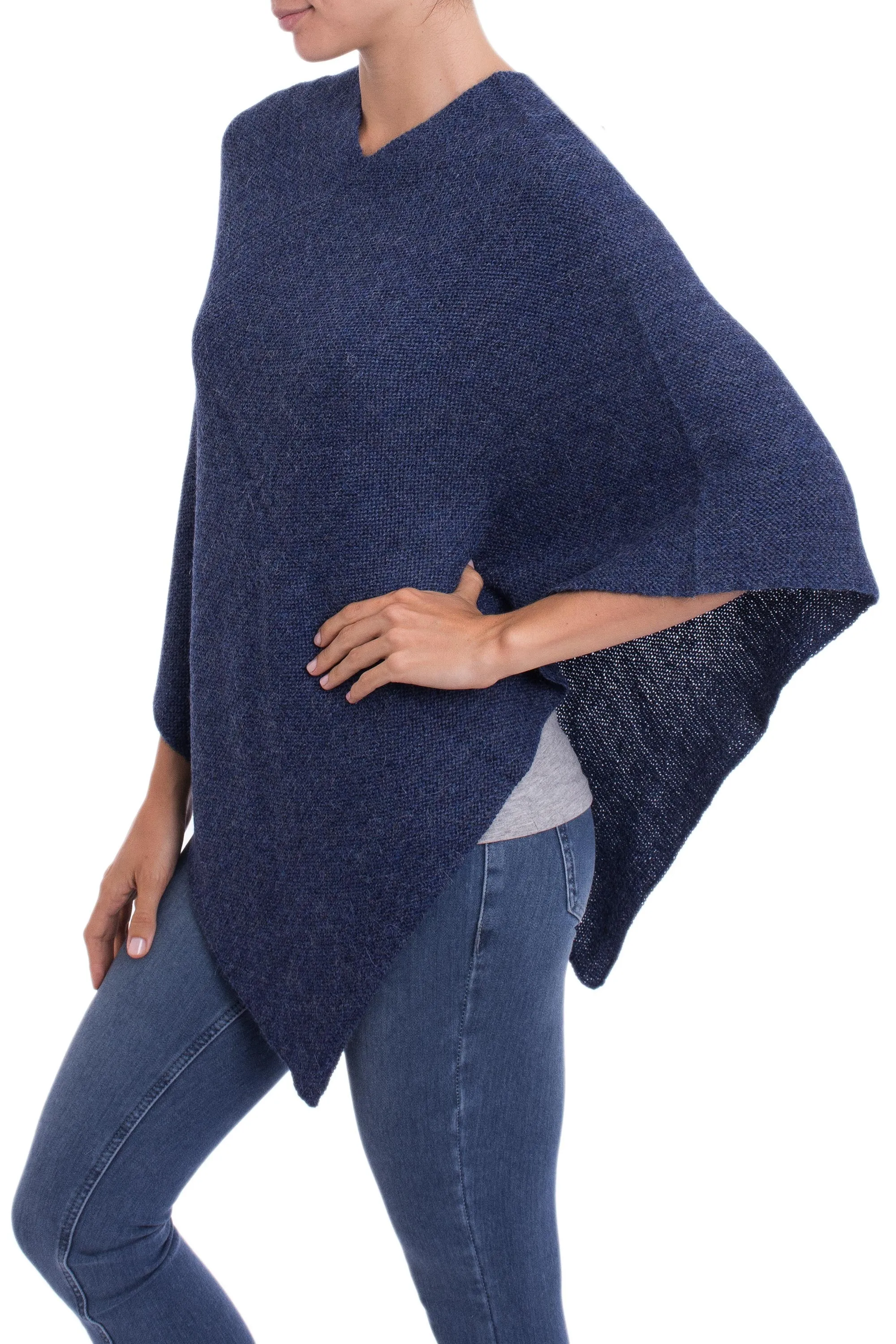 Knit Indigo 100% Alpaca Poncho from Peru - Enchanted Evening in Indigo | NOVICA