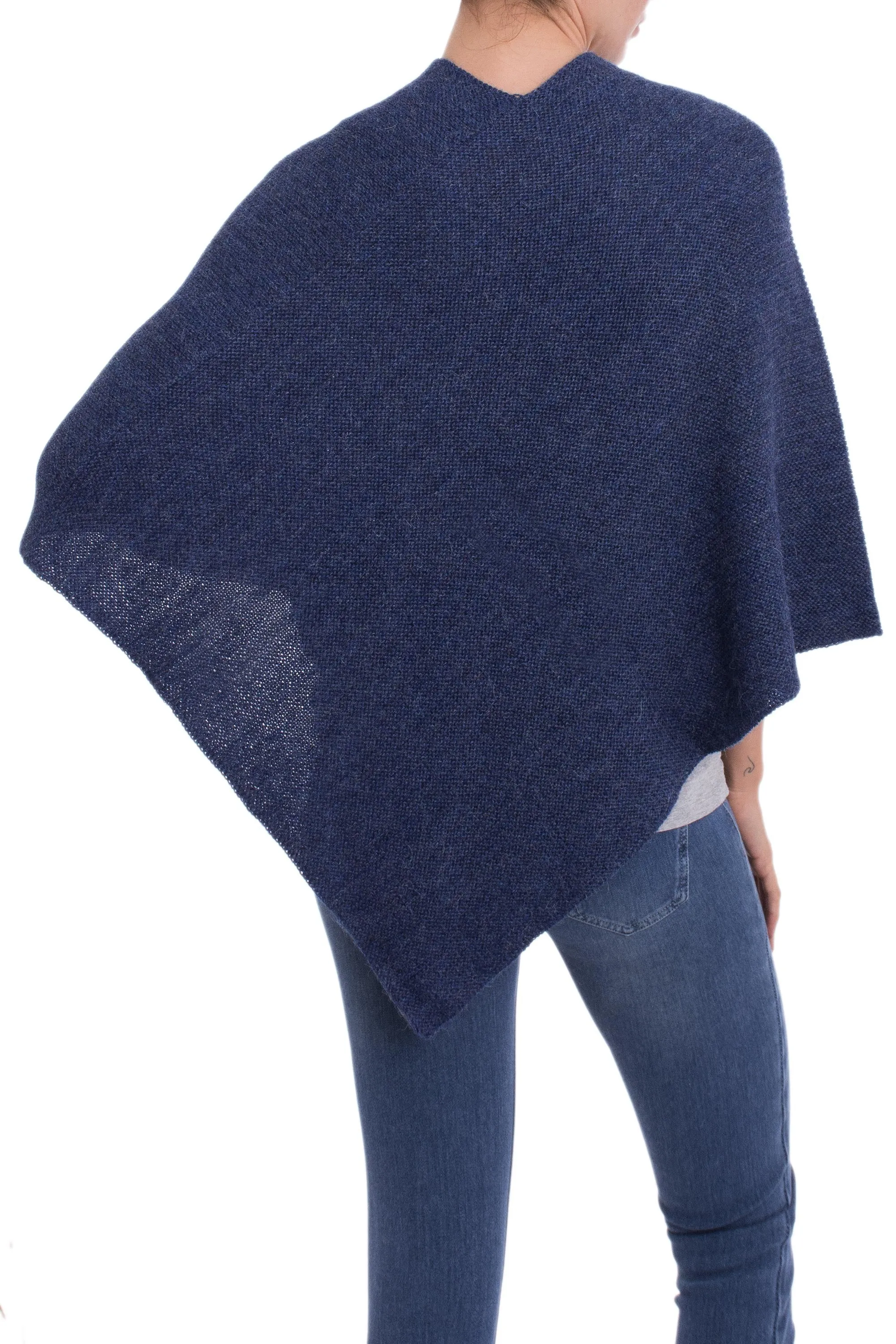 Knit Indigo 100% Alpaca Poncho from Peru - Enchanted Evening in Indigo | NOVICA