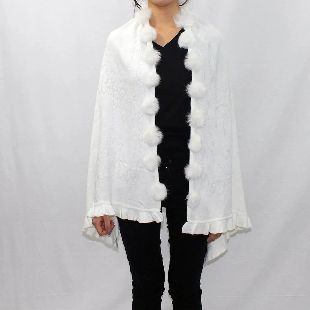 Knit Shawl with Ruffle and Rabbit Poms