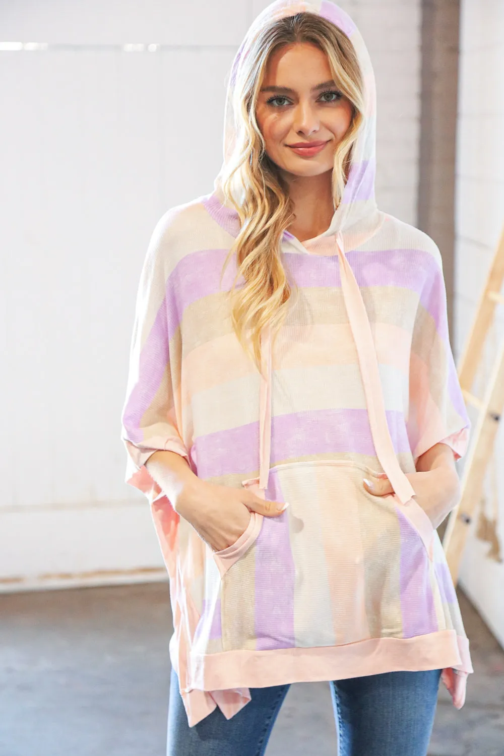 Lilac Stripe Boxy Hi-Lo Thermal Poncho Hoodie