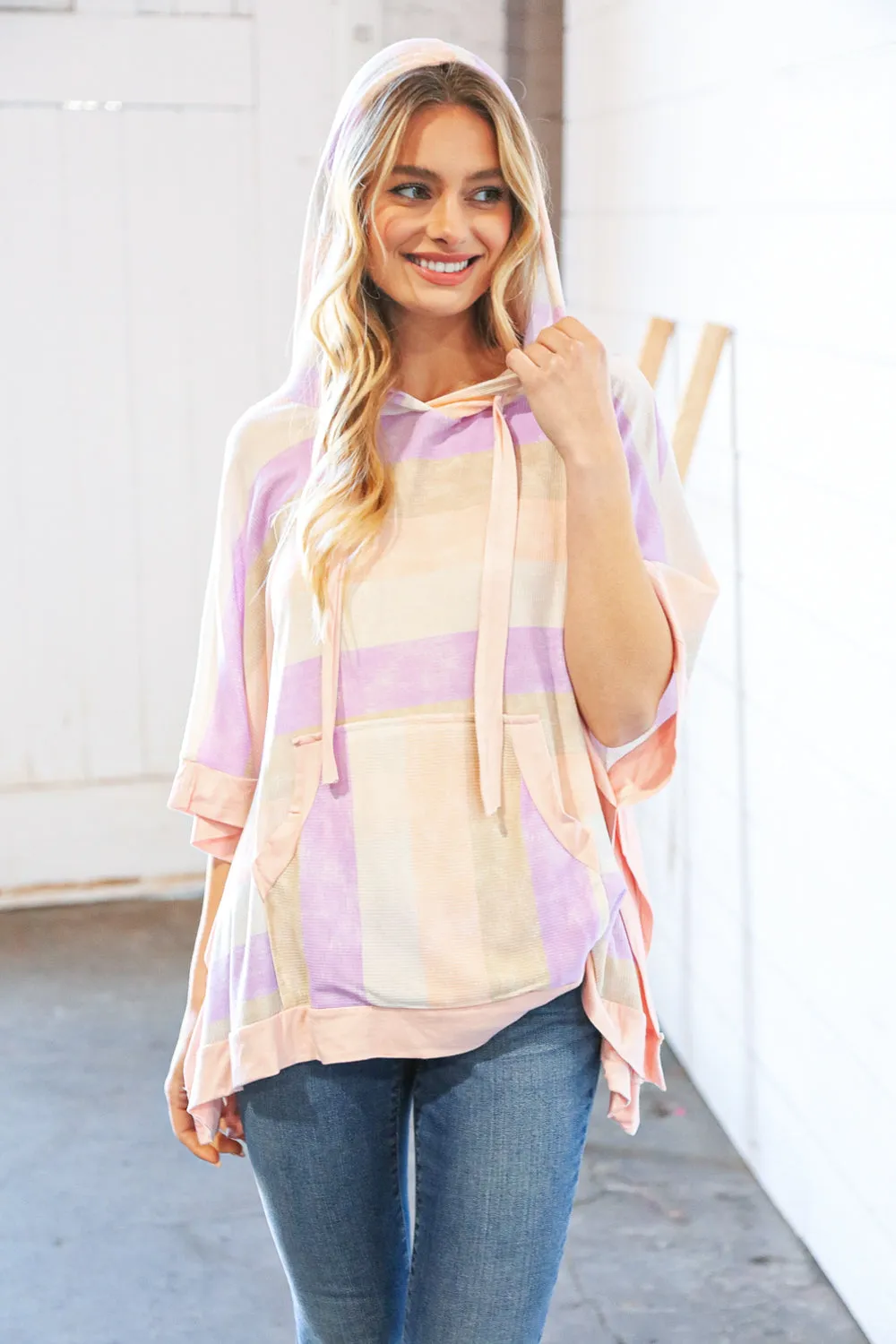 Lilac Stripe Boxy Hi-Lo Thermal Poncho Hoodie