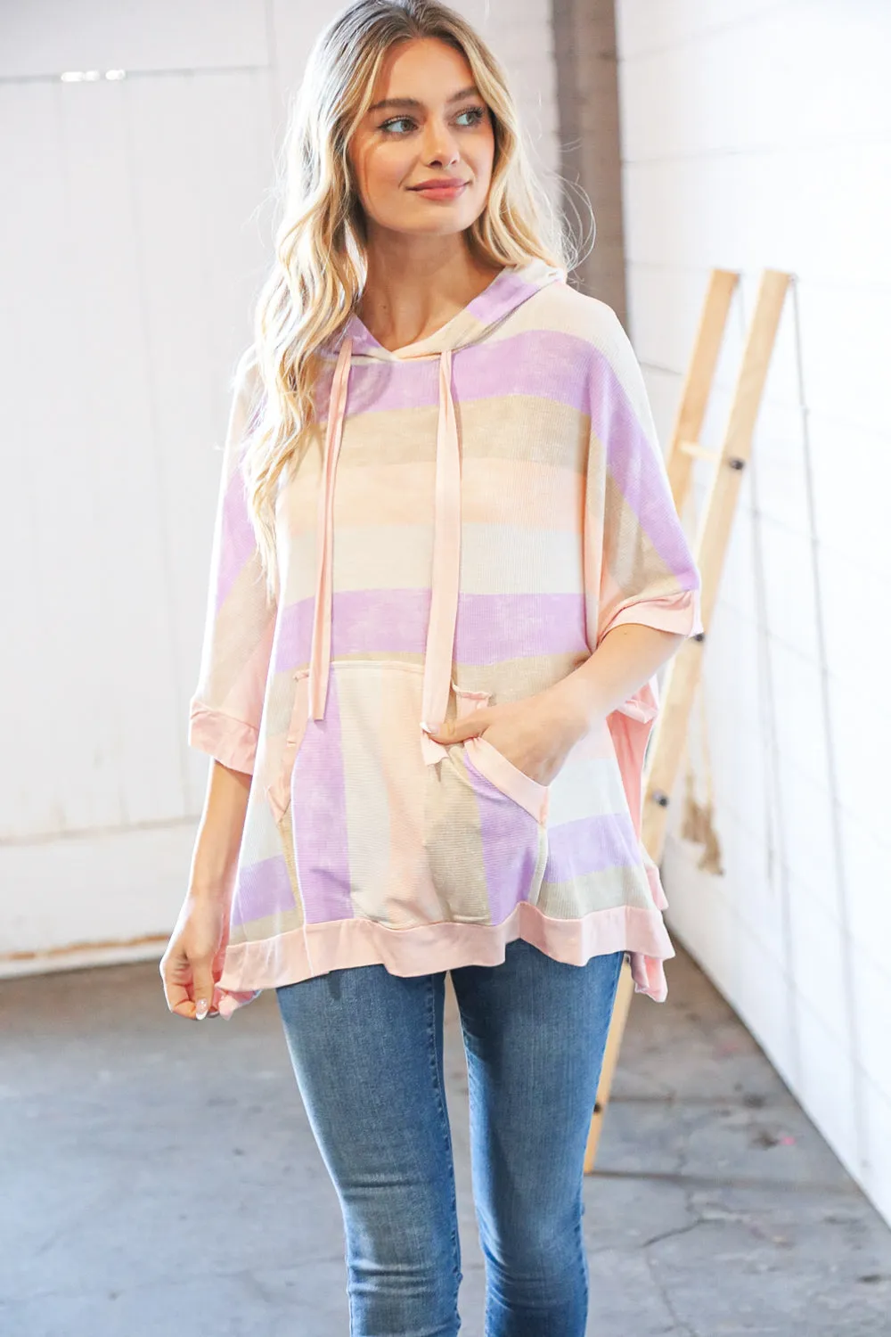 Lilac Stripe Boxy Hi-Lo Thermal Poncho Hoodie