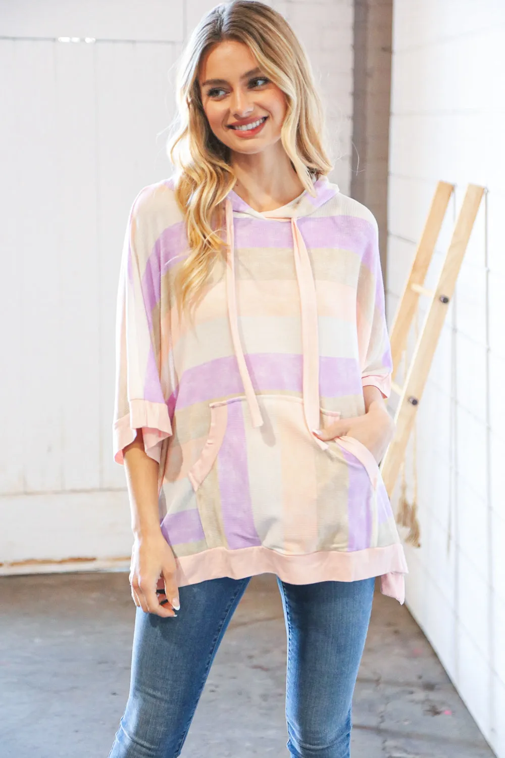 Lilac Stripe Boxy Hi-Lo Thermal Poncho Hoodie