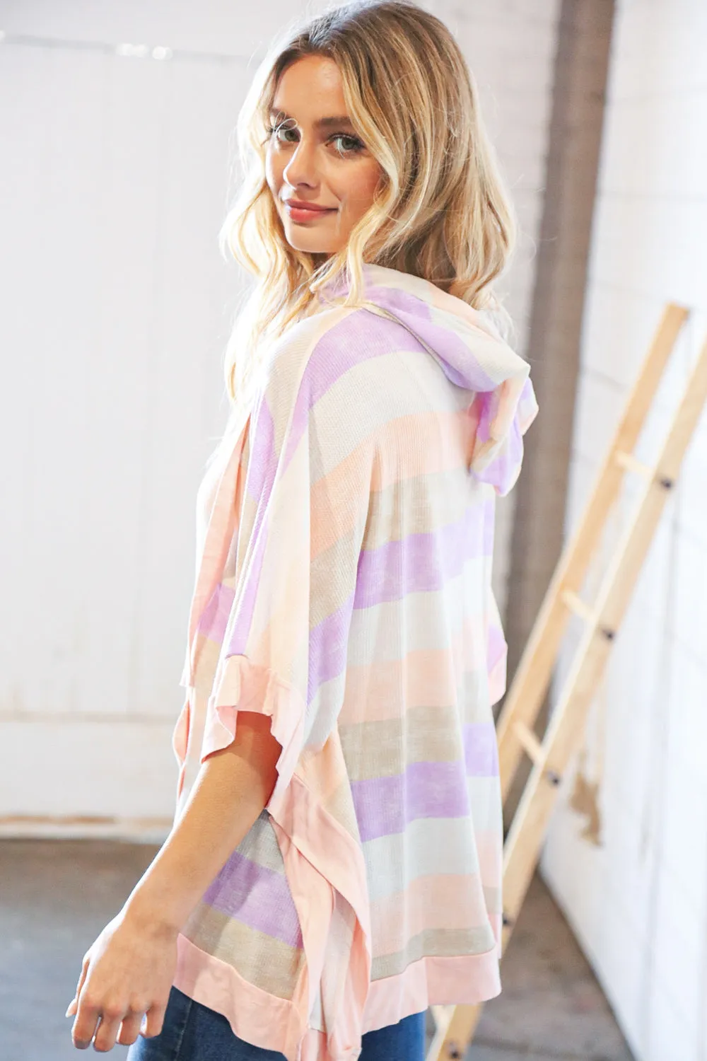 Lilac Stripe Boxy Hi-Lo Thermal Poncho Hoodie