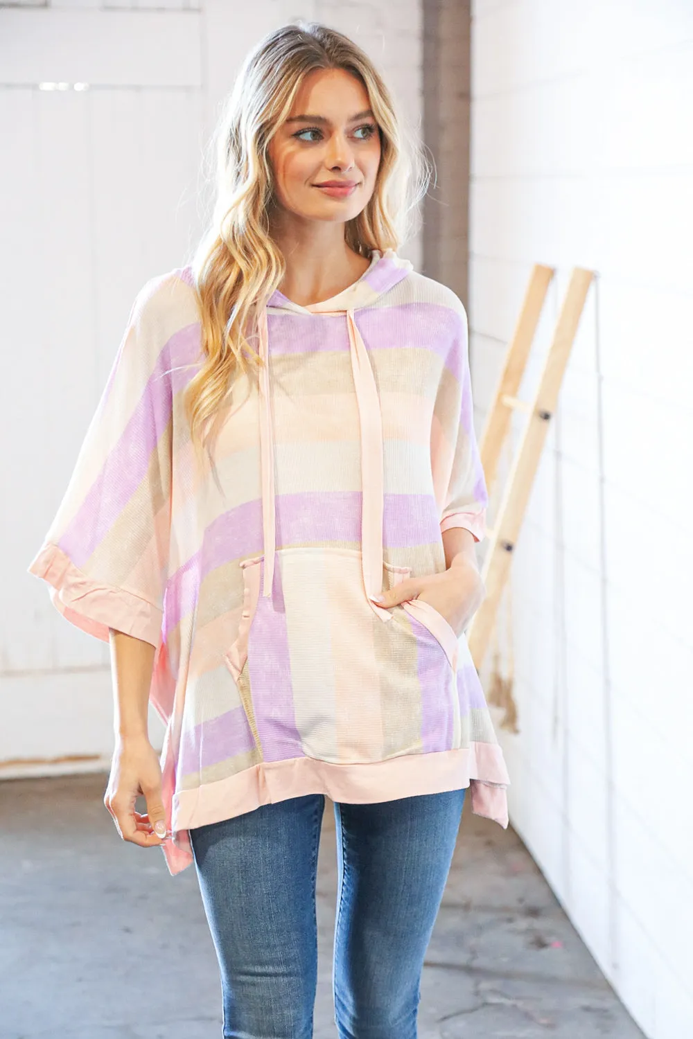 Lilac Stripe Boxy Hi-Lo Thermal Poncho Hoodie