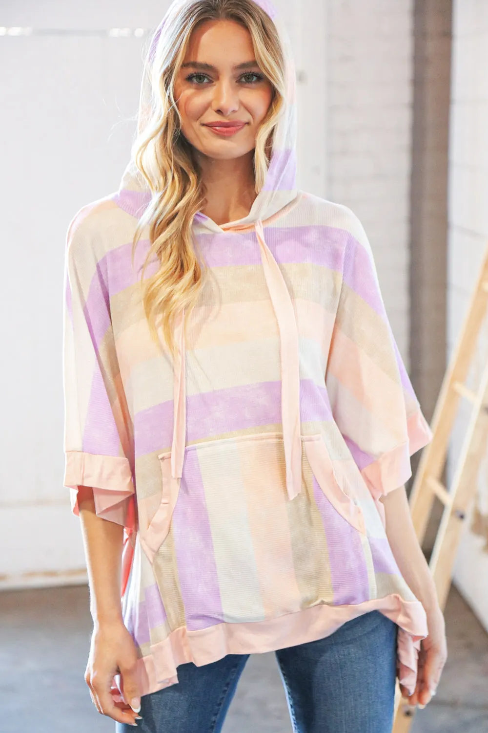 Lilac Stripe Boxy Hi-Lo Thermal Poncho Hoodie