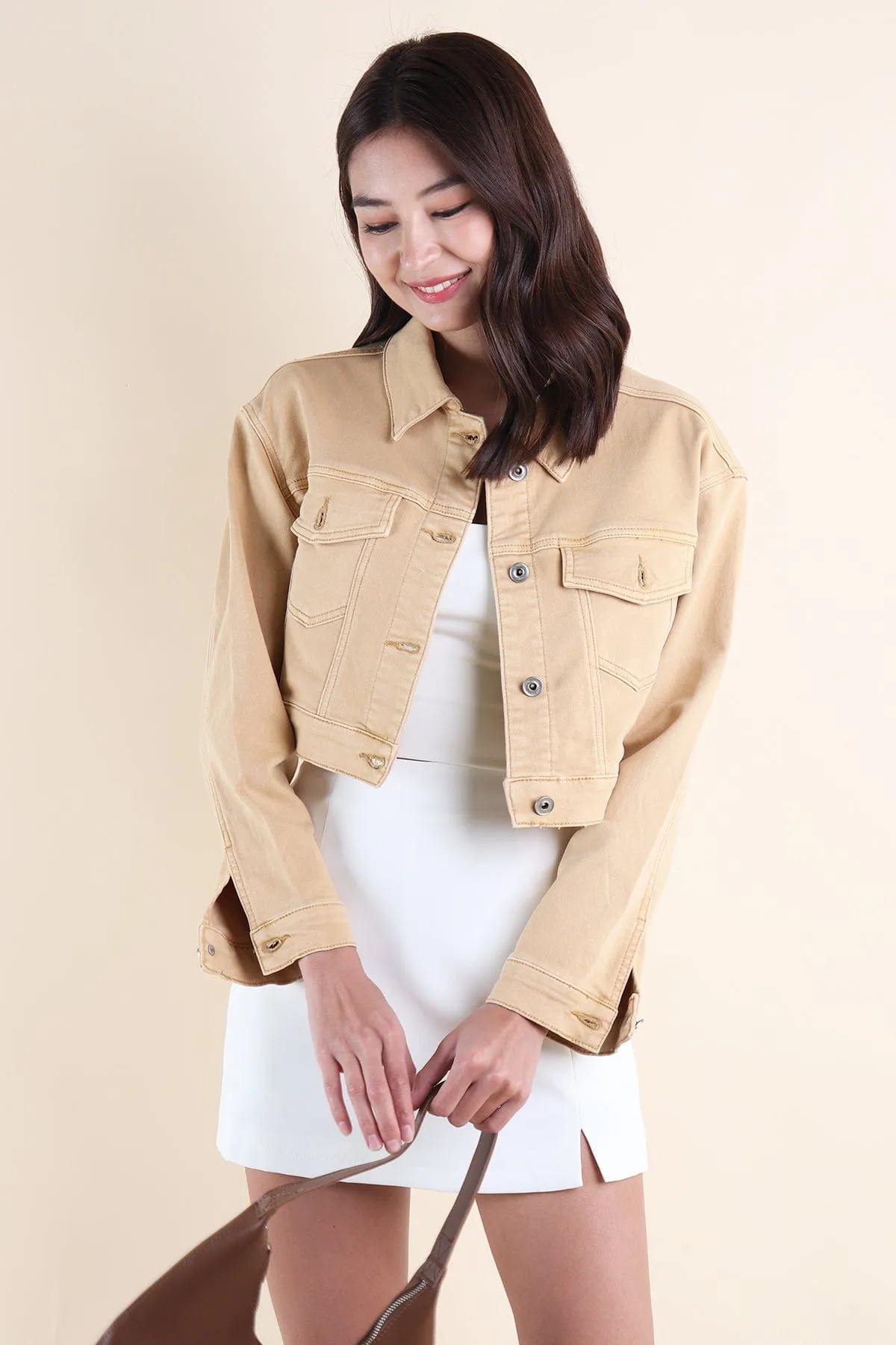 LUNA CROPPED DENIM JACKET IN KHAKI