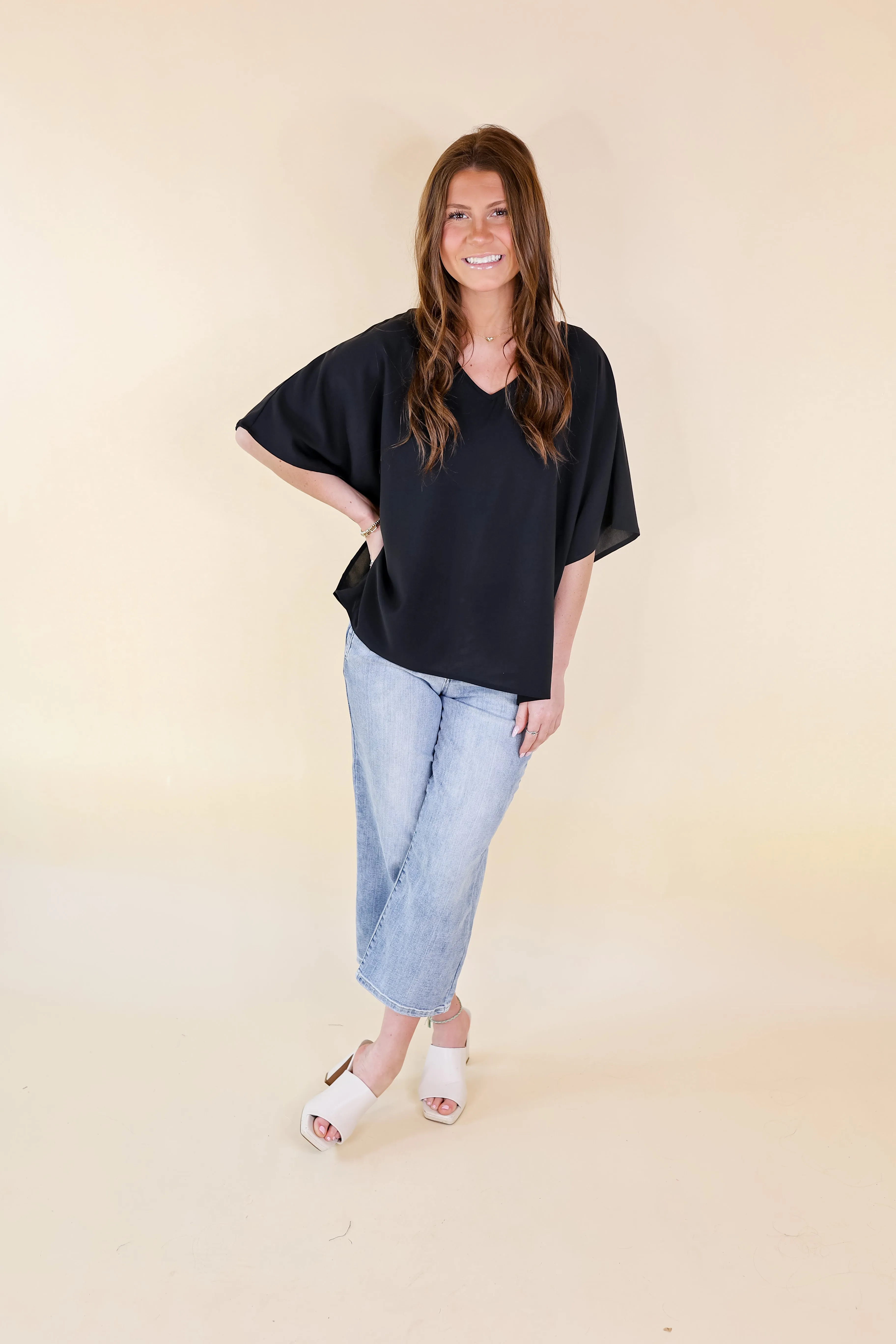 Majestic Moment V Neck Poncho Top in Black