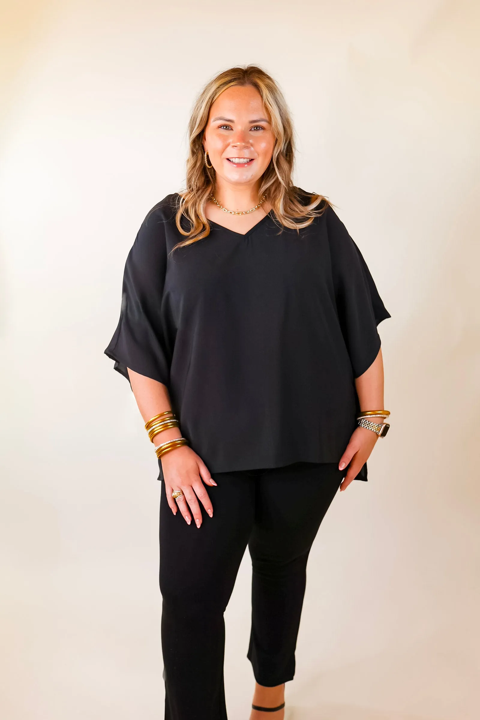 Majestic Moment V Neck Poncho Top in Black