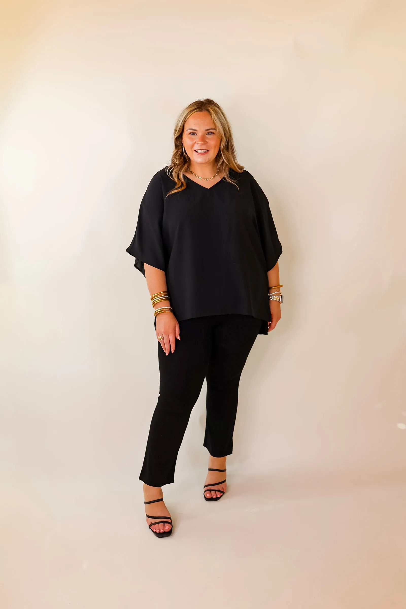 Majestic Moment V Neck Poncho Top in Black