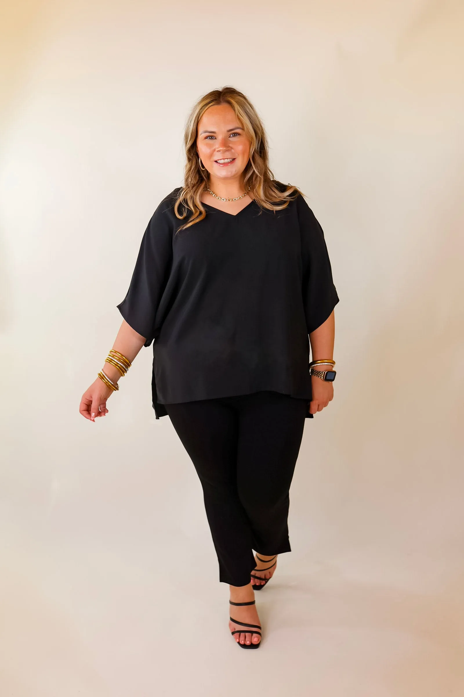 Majestic Moment V Neck Poncho Top in Black