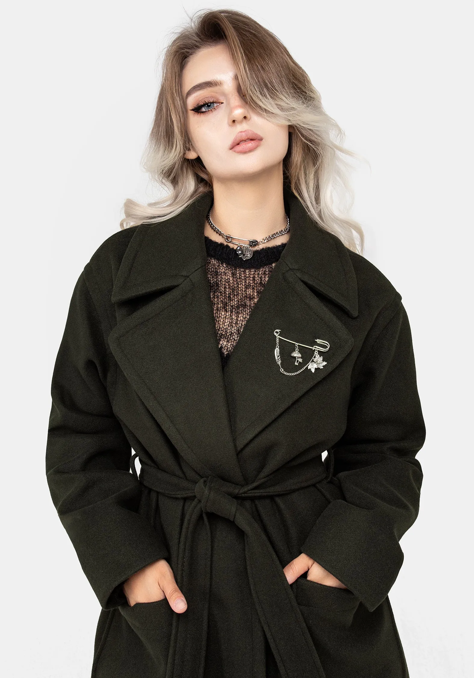 Meltdown Oversized Coat with Brooch - Green