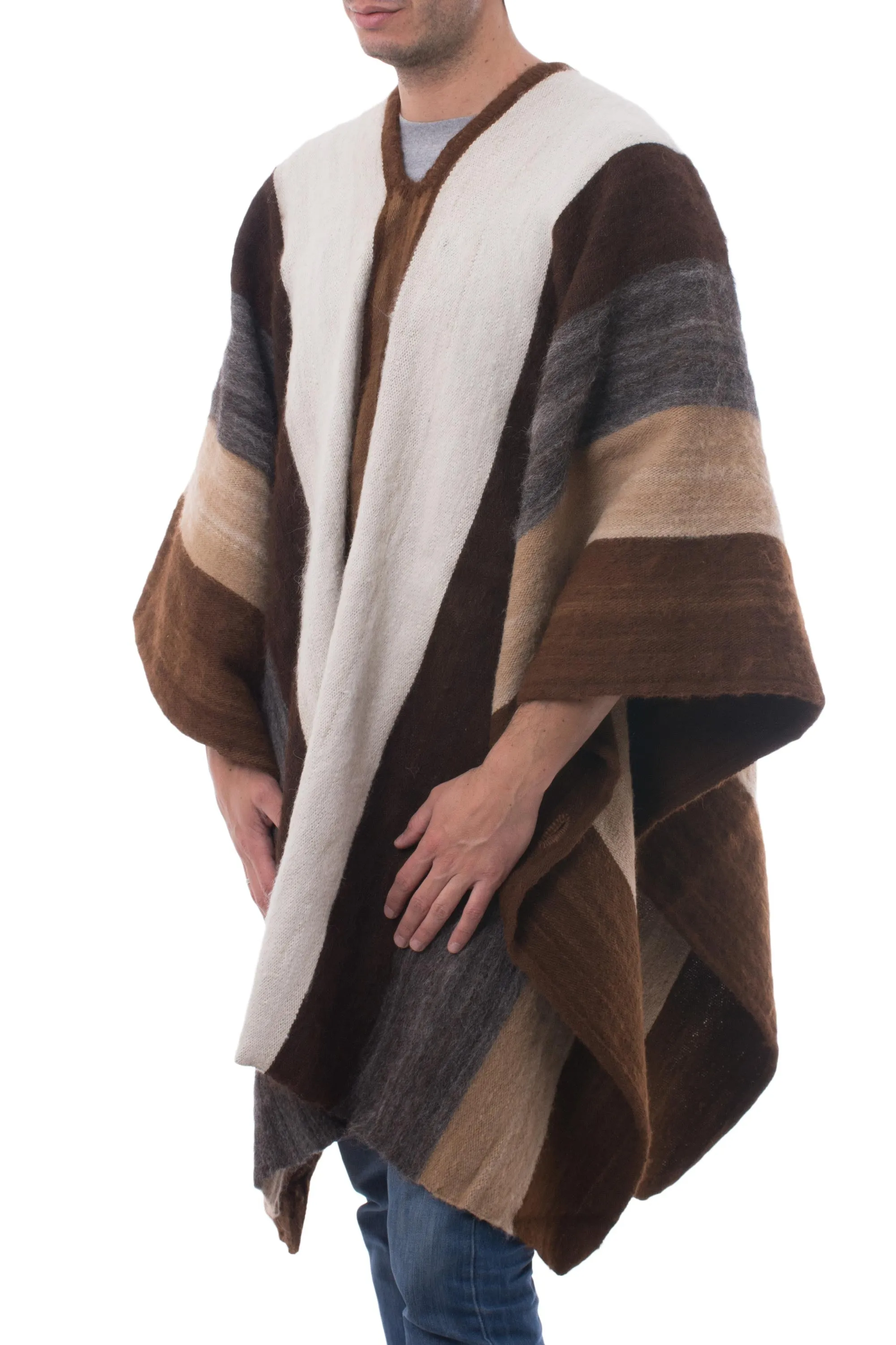 Men's Andean 100% Alpaca Handwoven Poncho in Earth Shades - Andean Celebration | NOVICA