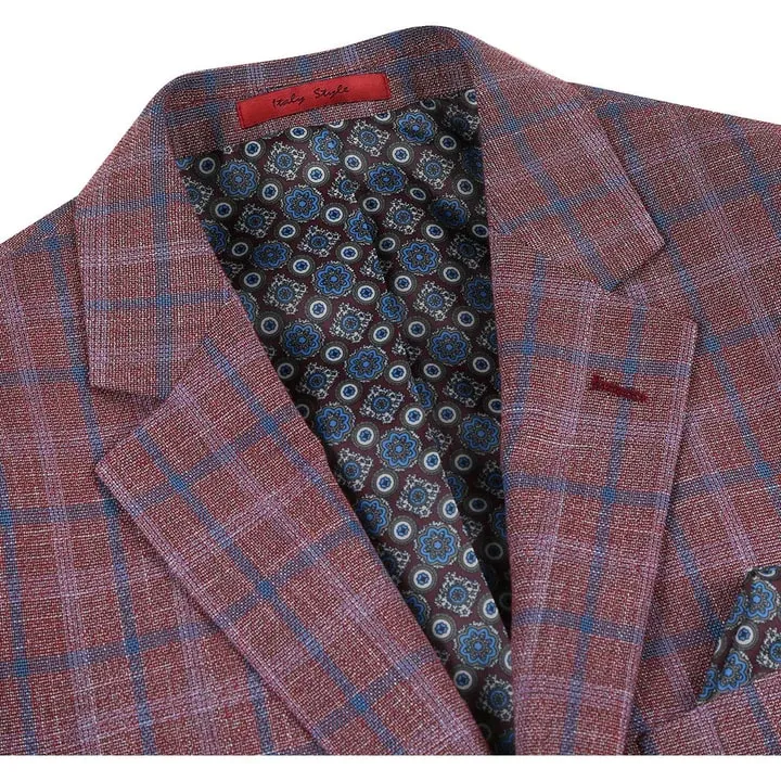 Mens Blazer - Cheap Priced Mens Sport Coat - Mens Two Button Classic Fit Sport Coat Blazer In Burgundy Red Windowpane Plaid