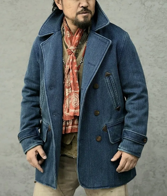 Men's Indigo Double Breasted Sashiko Pea Coat