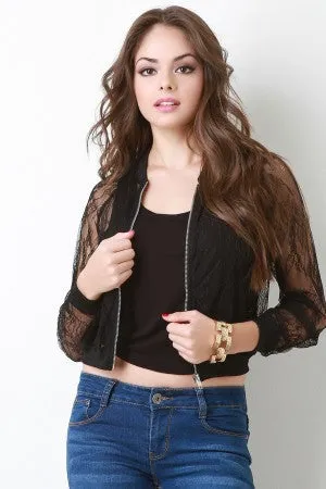 Mesh Lace Cropped Bomber Jacket