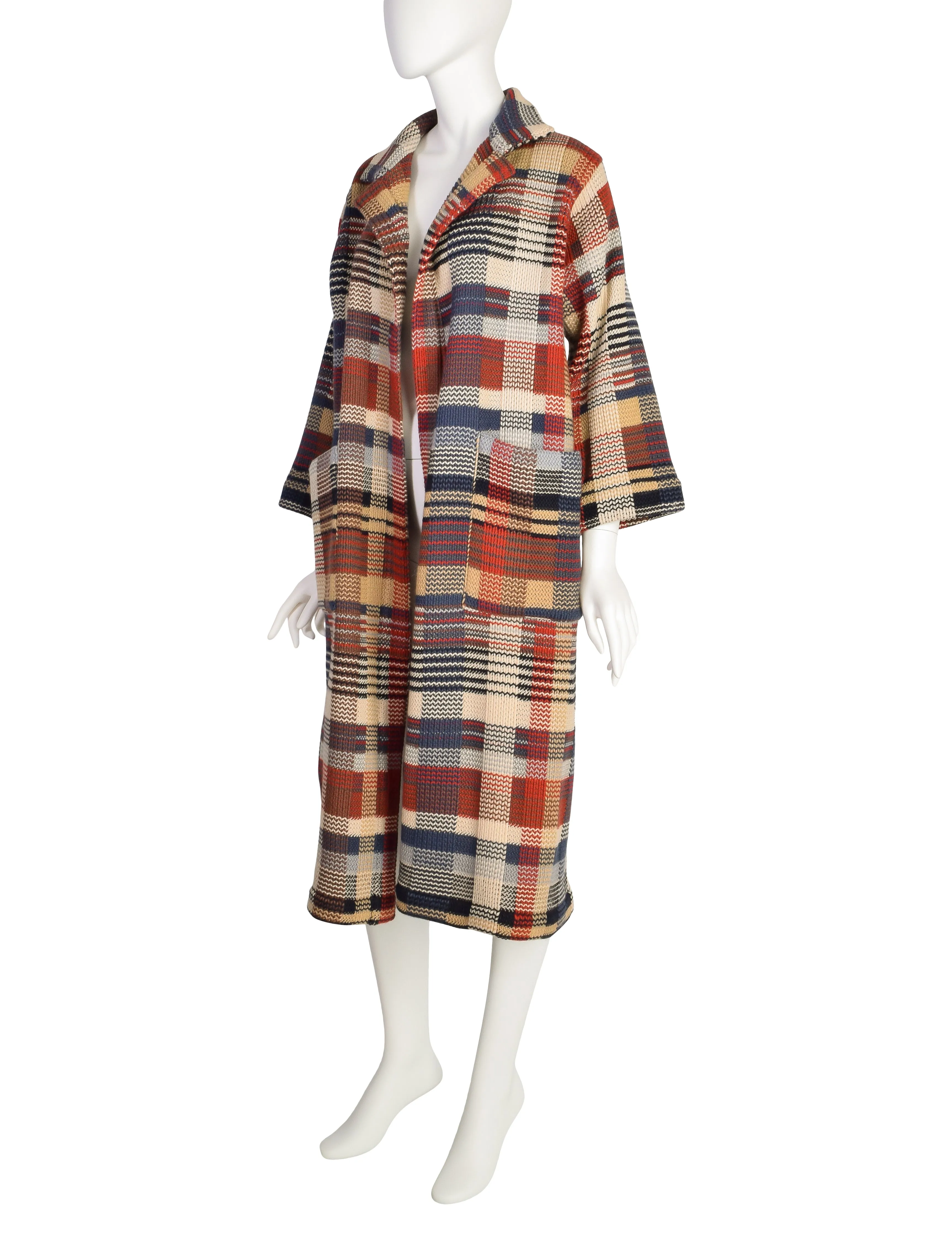 Missoni Vintage 1980s Brown Beige Red Blue Plaid Knit Wool Duster Sweater Coat