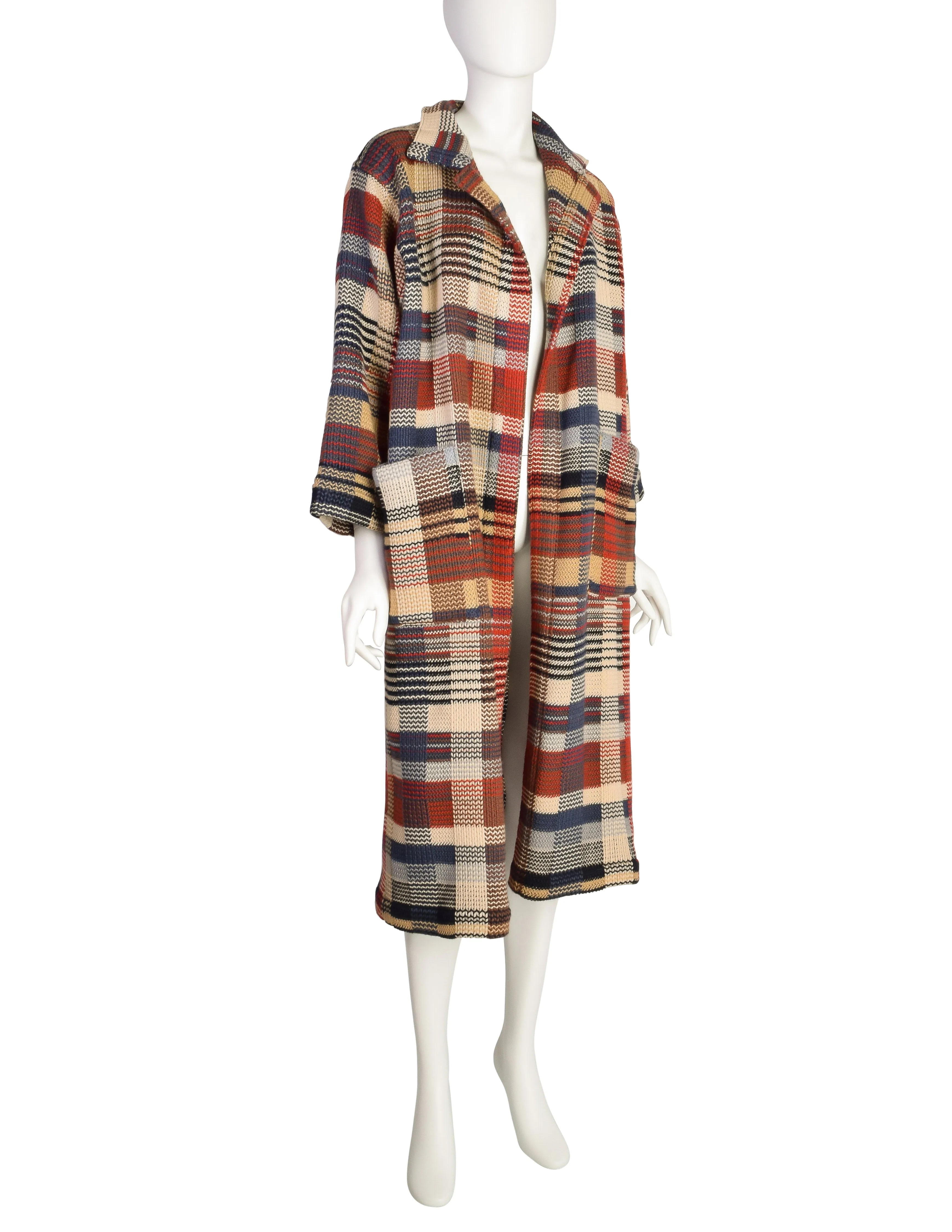 Missoni Vintage 1980s Brown Beige Red Blue Plaid Knit Wool Duster Sweater Coat