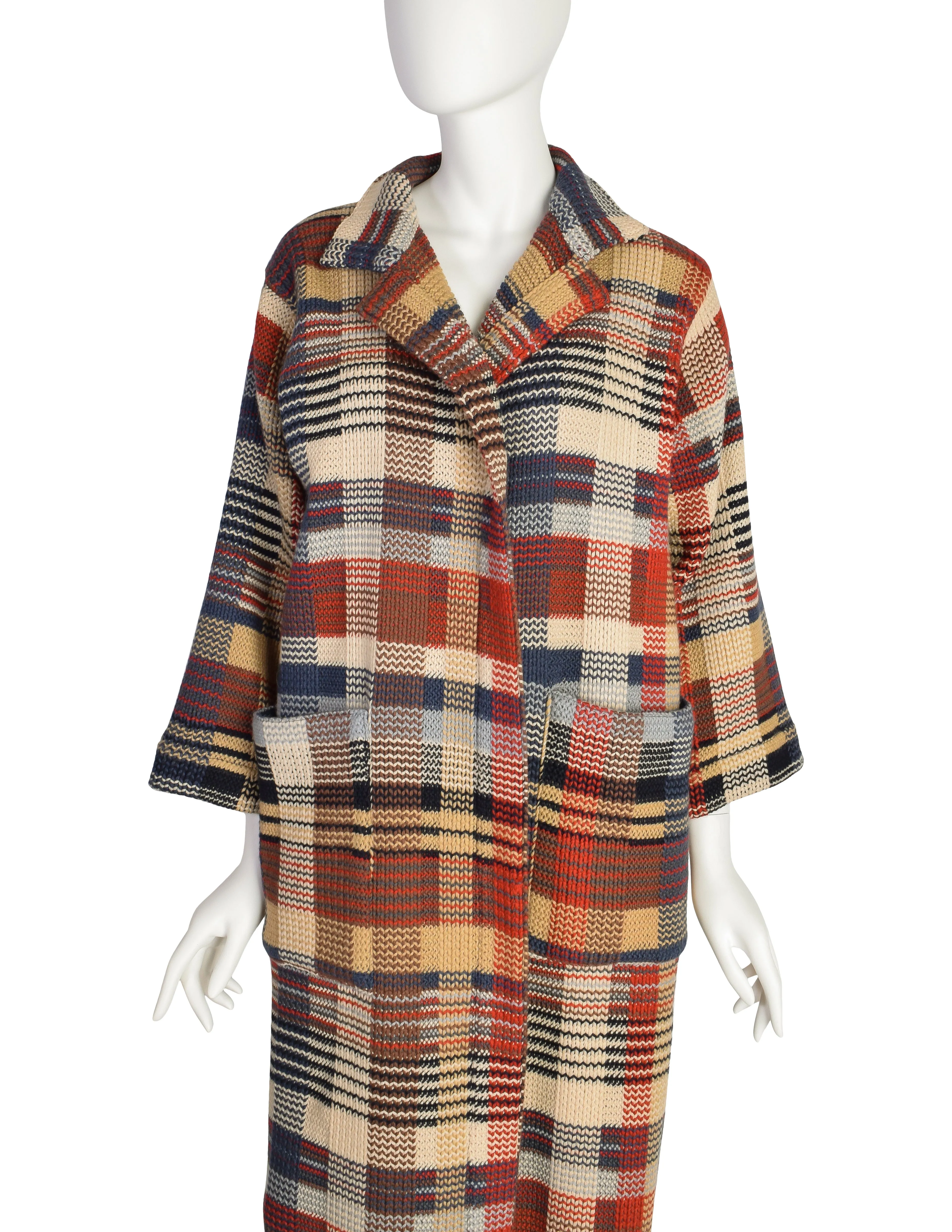 Missoni Vintage 1980s Brown Beige Red Blue Plaid Knit Wool Duster Sweater Coat