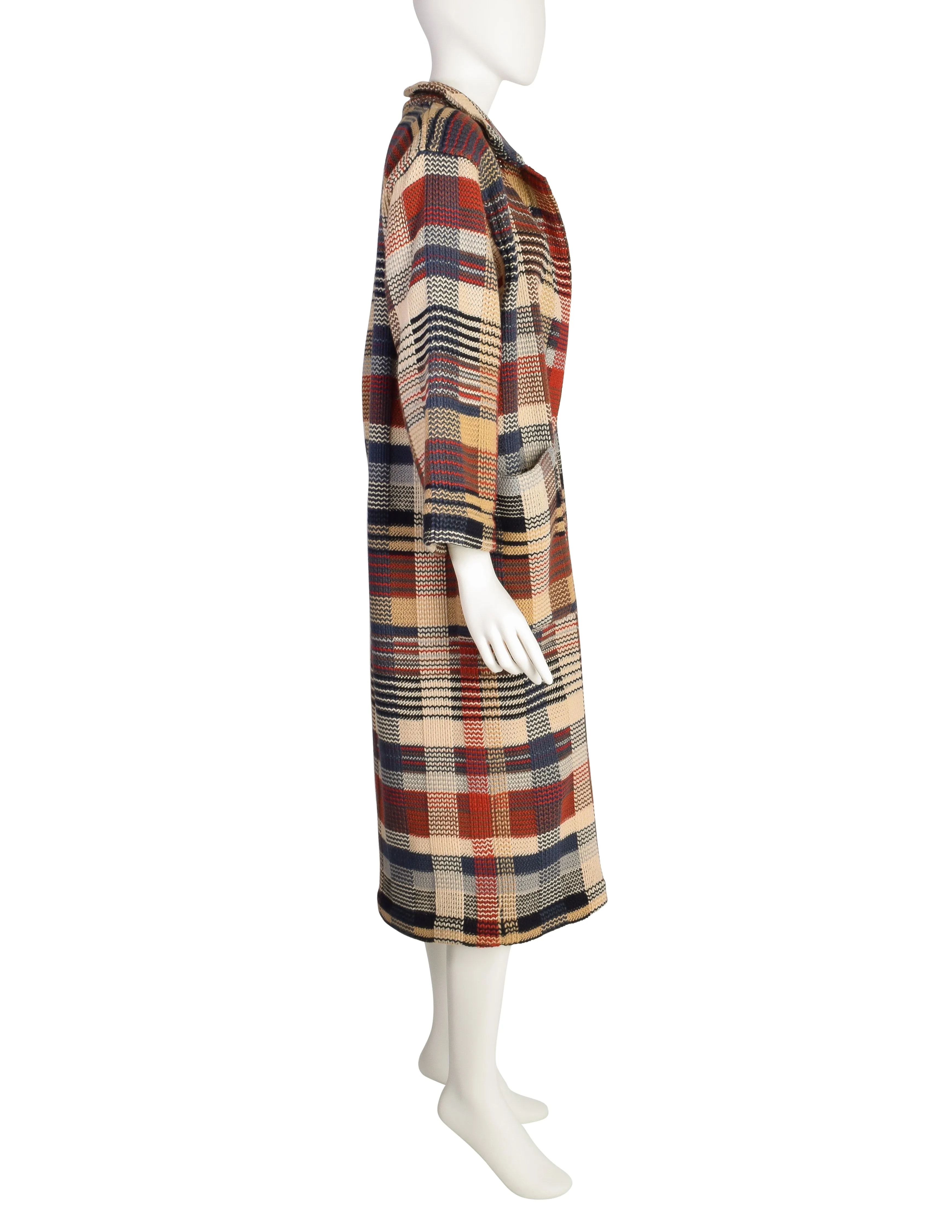 Missoni Vintage 1980s Brown Beige Red Blue Plaid Knit Wool Duster Sweater Coat