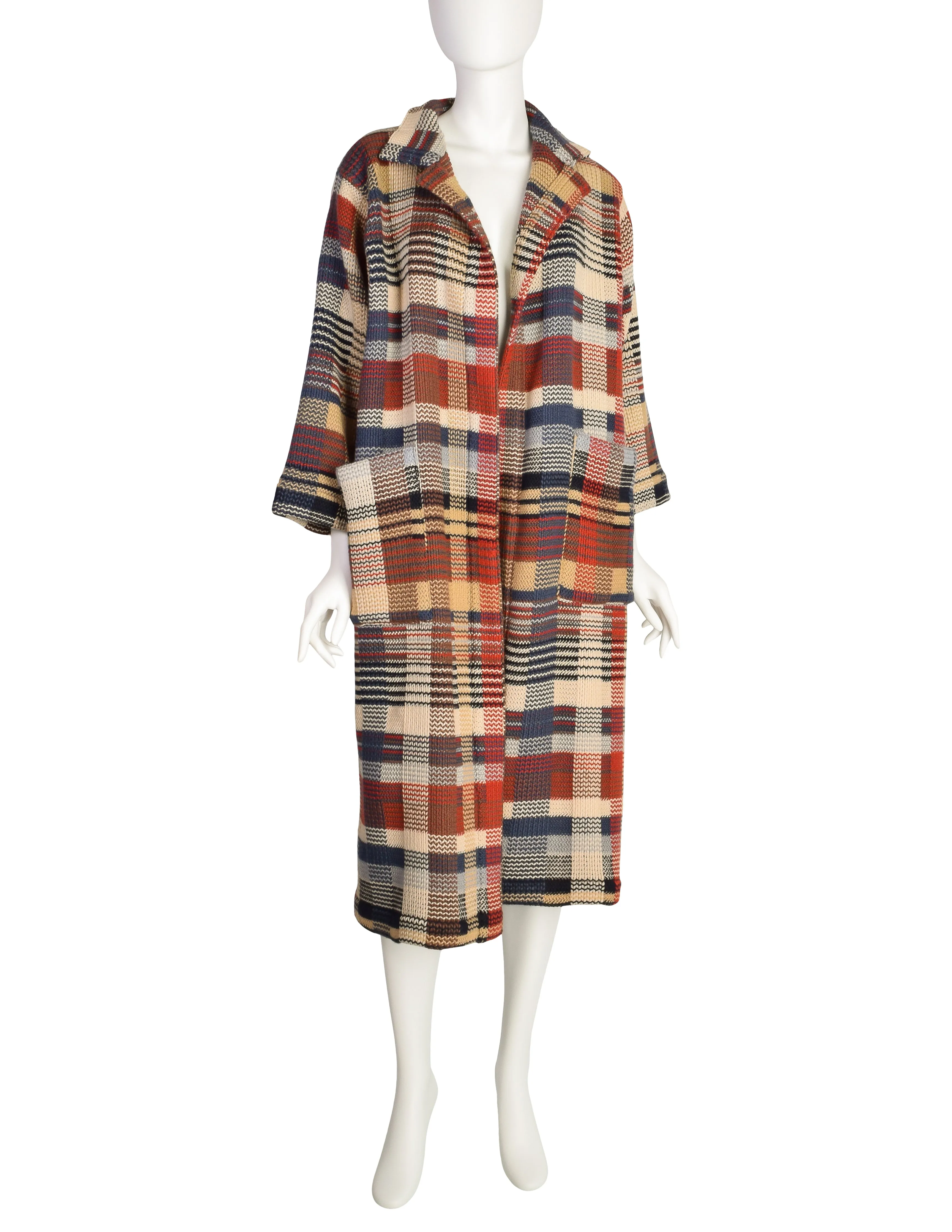 Missoni Vintage 1980s Brown Beige Red Blue Plaid Knit Wool Duster Sweater Coat