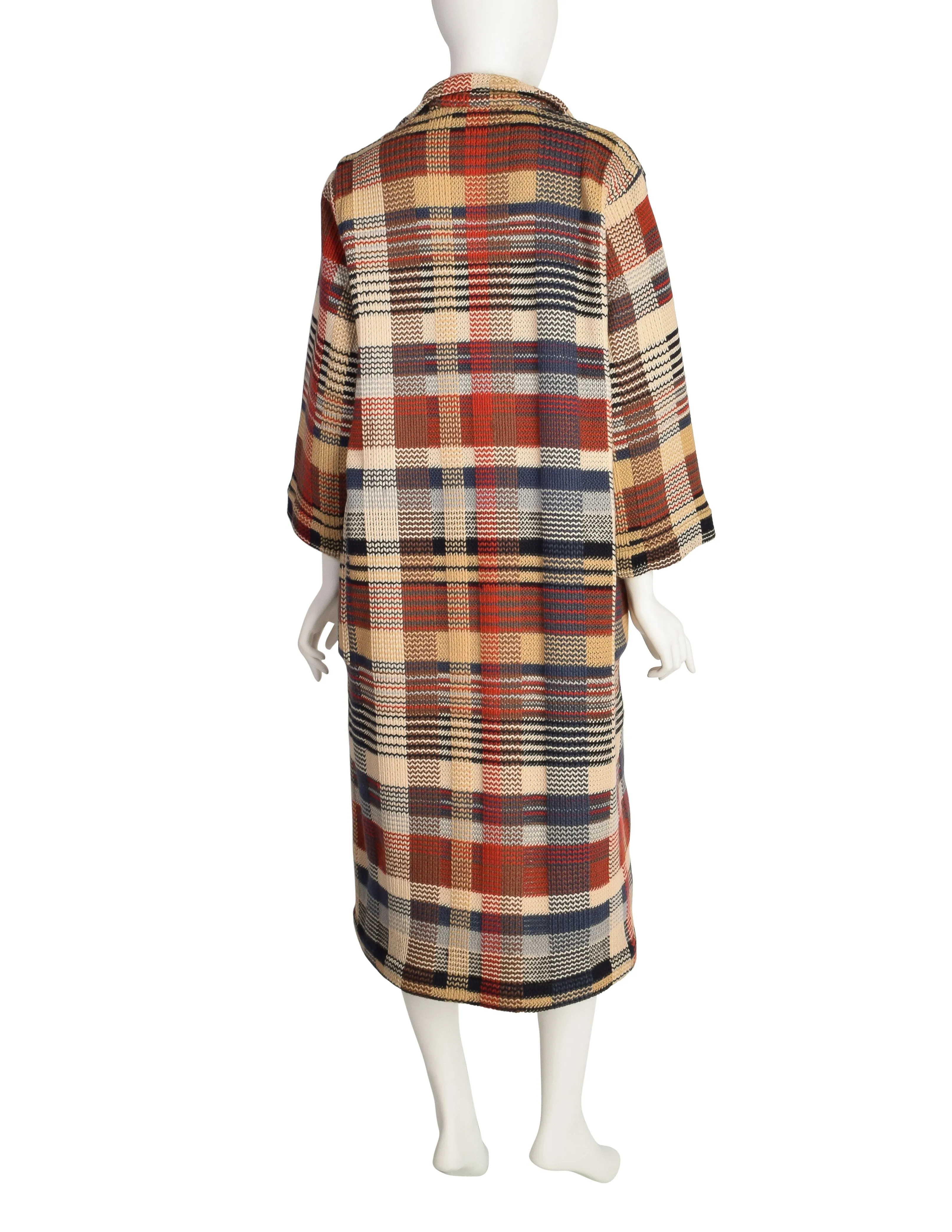 Missoni Vintage 1980s Brown Beige Red Blue Plaid Knit Wool Duster Sweater Coat