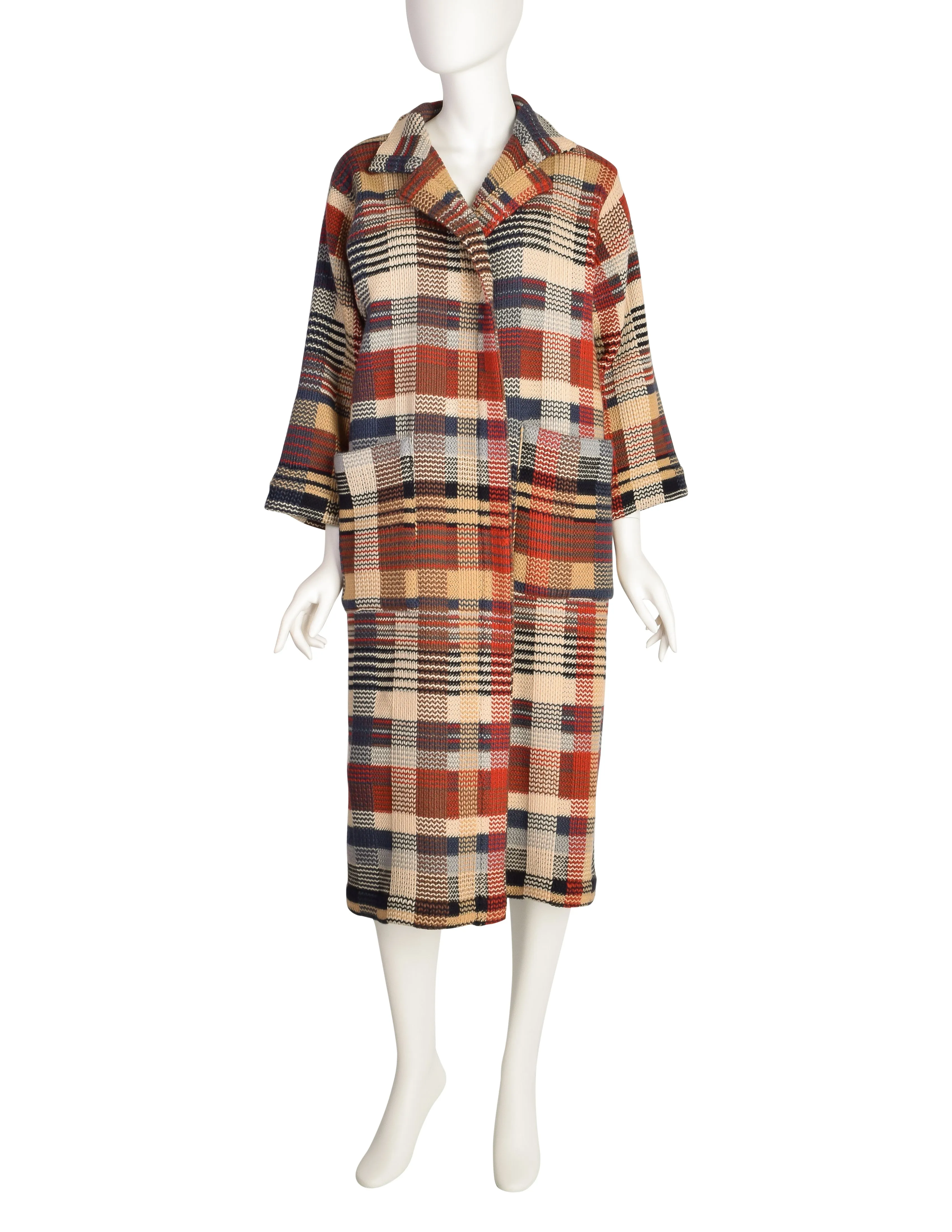 Missoni Vintage 1980s Brown Beige Red Blue Plaid Knit Wool Duster Sweater Coat