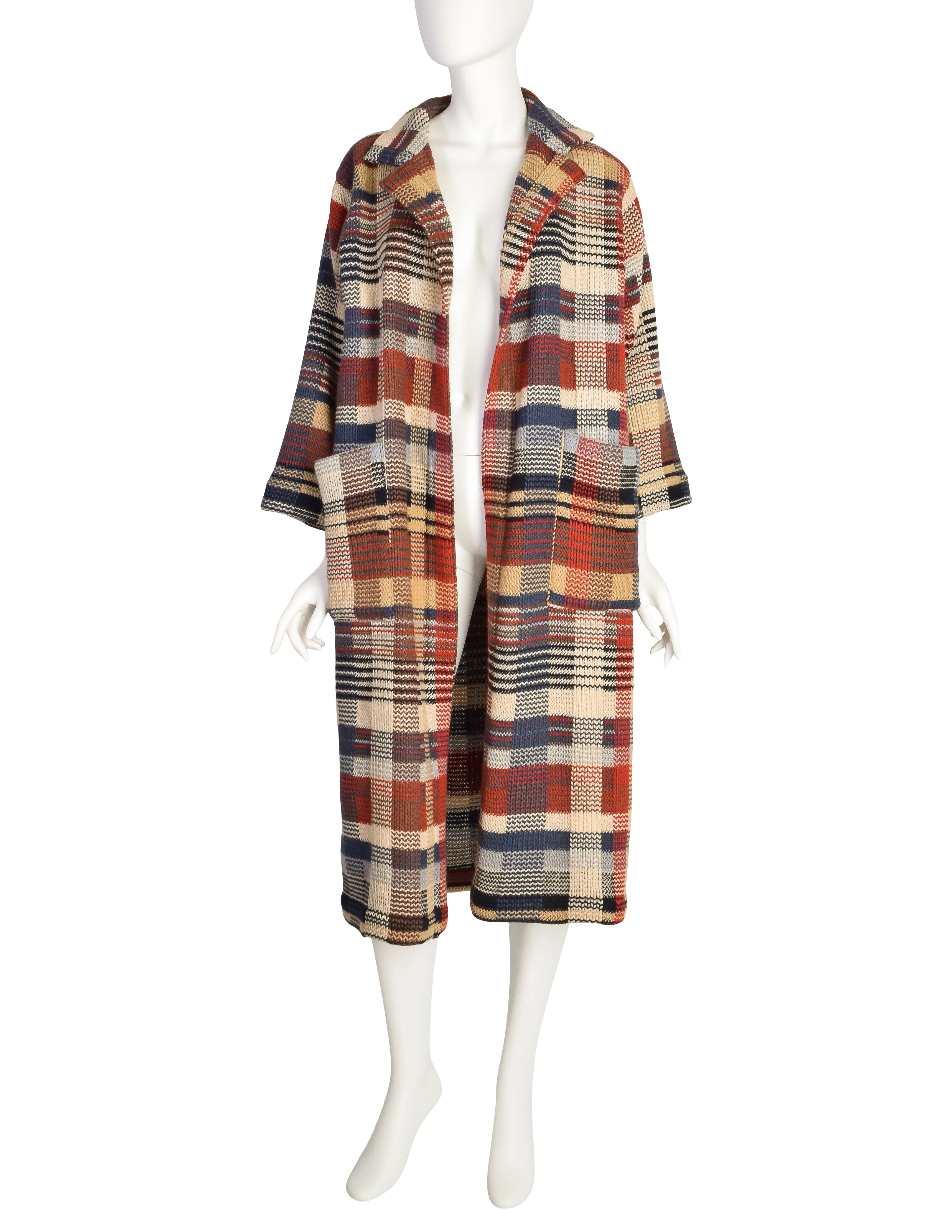 Missoni Vintage 1980s Brown Beige Red Blue Plaid Knit Wool Duster Sweater Coat