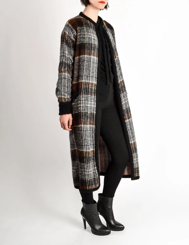 Missoni Vintage Brown Black Plaid Mohair Wool Oversized Maxi Sweater Coat