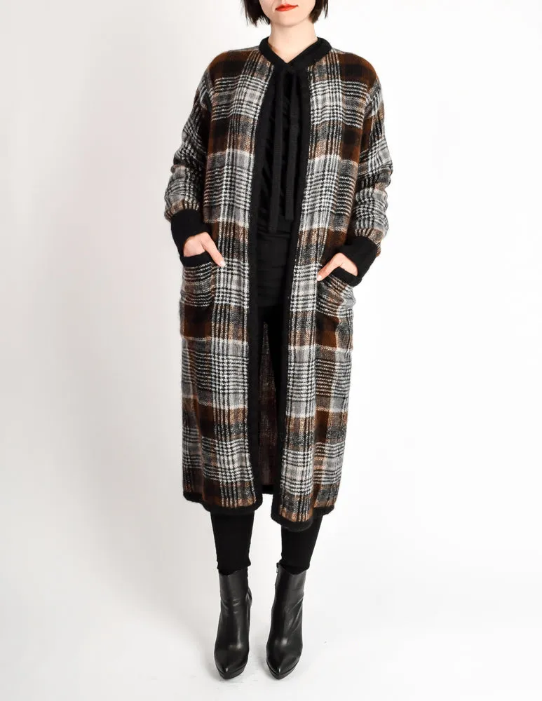 Missoni Vintage Brown Black Plaid Mohair Wool Oversized Maxi Sweater Coat